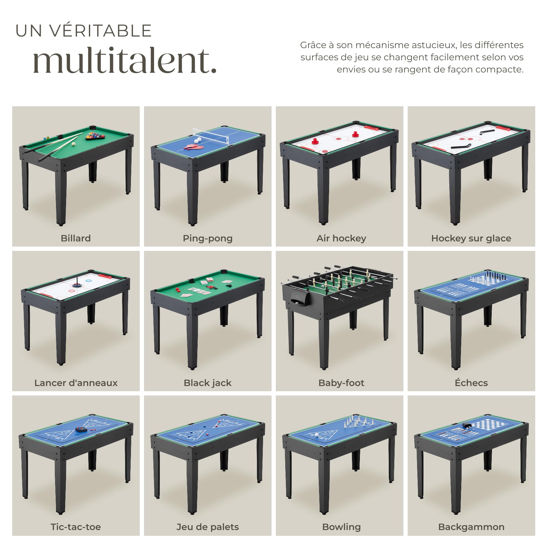 tectake® Table multijeux 15 en 1 Complet, Babyfoot, Ping Pong, Billard, Jeu de Dames, Backgammon, Échecs, Air Hockey, Bowling, Table de Jeux Billard Convertible, 125 x 123 x 83 cm, Accessoires Inclus