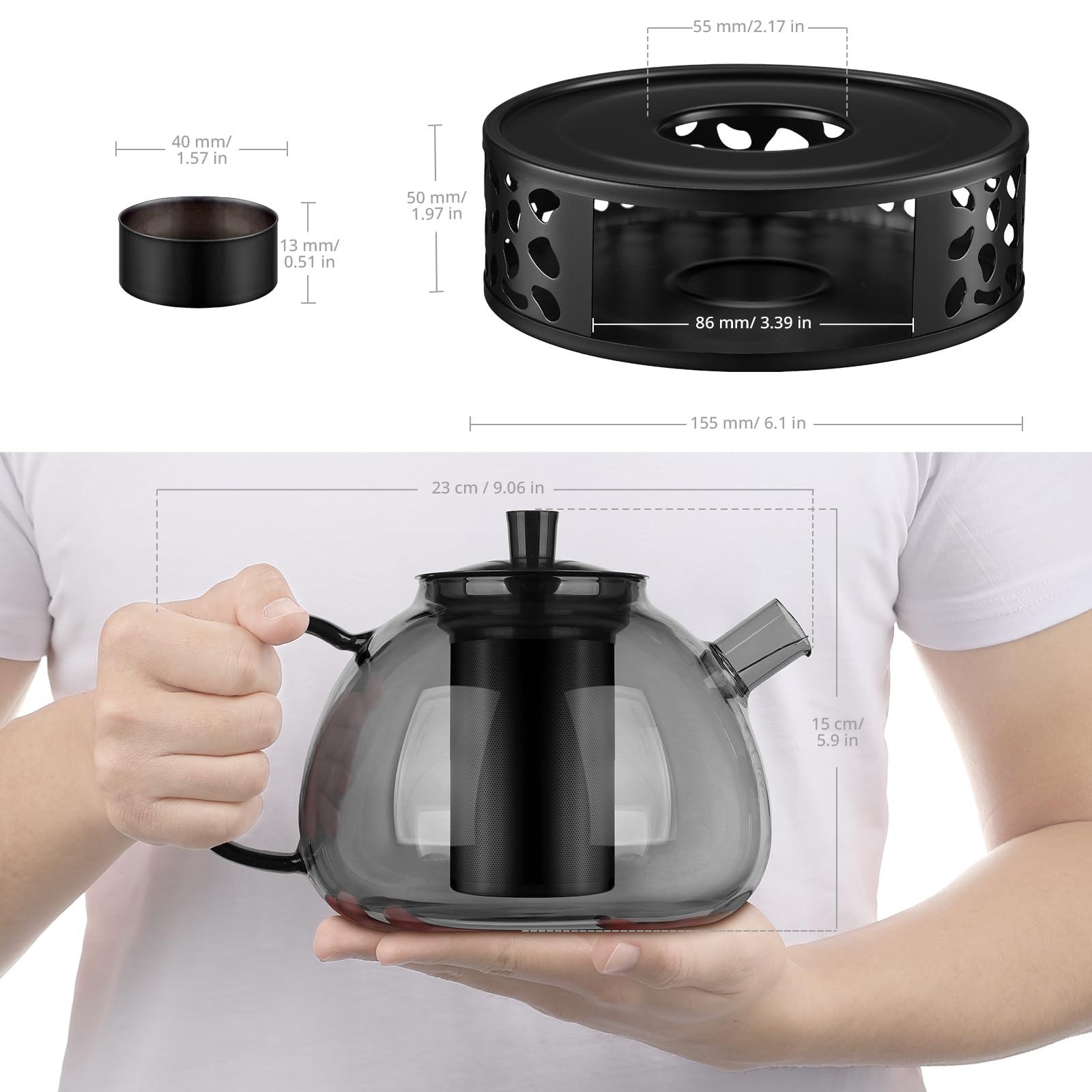 ecooe Tetera negra de 1500 ml de cristal de borosilicato con colador de acero inoxidable 18/8 extraíble resistente al calor para té negro, té verde, té de frutas, té perfumado