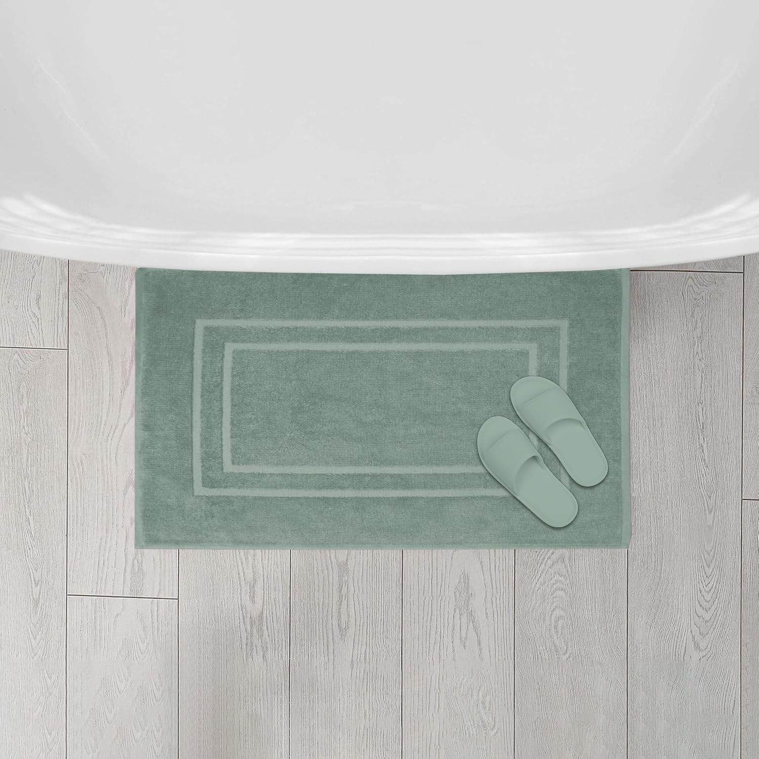 Feather & Stitch 2 Piece Towel Like Bath Mats (30x21 Inch) 100% Cotton Terry Bath Mat, Bathroom Shower Floor Mat [NOT A Bathroom Rug], Soft Absorbent Washable Mats - Granite Green