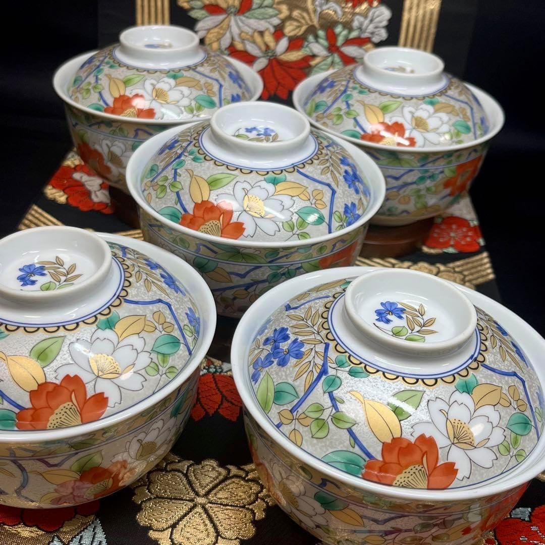 ✿夏の設えにも✿ 三洋陶器 南風窯 金彩 プラチナ銀彩 色絵草花紋 蓋付 小丼 ✿夏の設えにも✿ 三洋陶器 南風窯 金彩 プラチナ銀彩