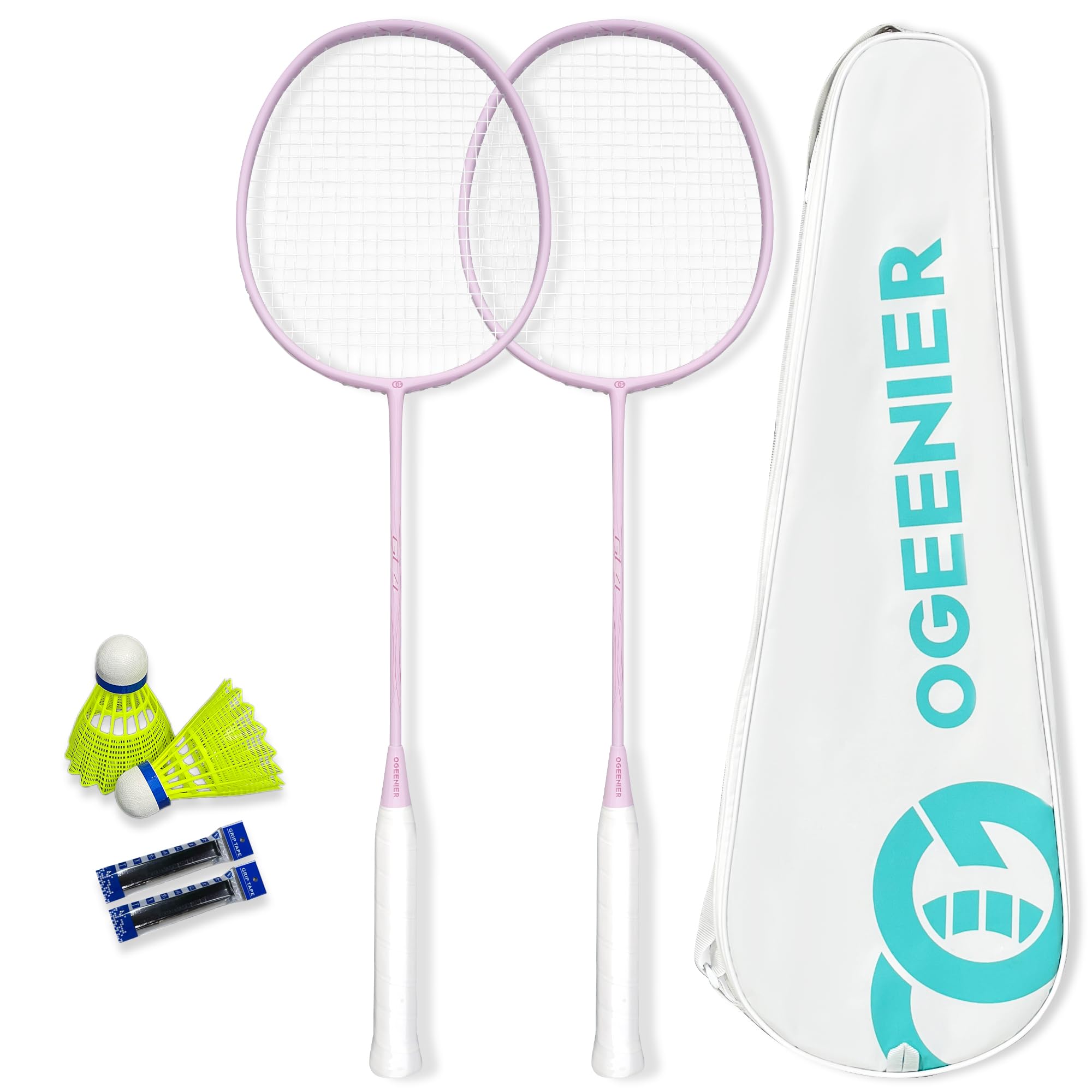 OGEENIER Set racchetta da badminton professionale, leggera, con 2 cinghie di impugnatura e 2 volani e 1 borsa per 2 persone