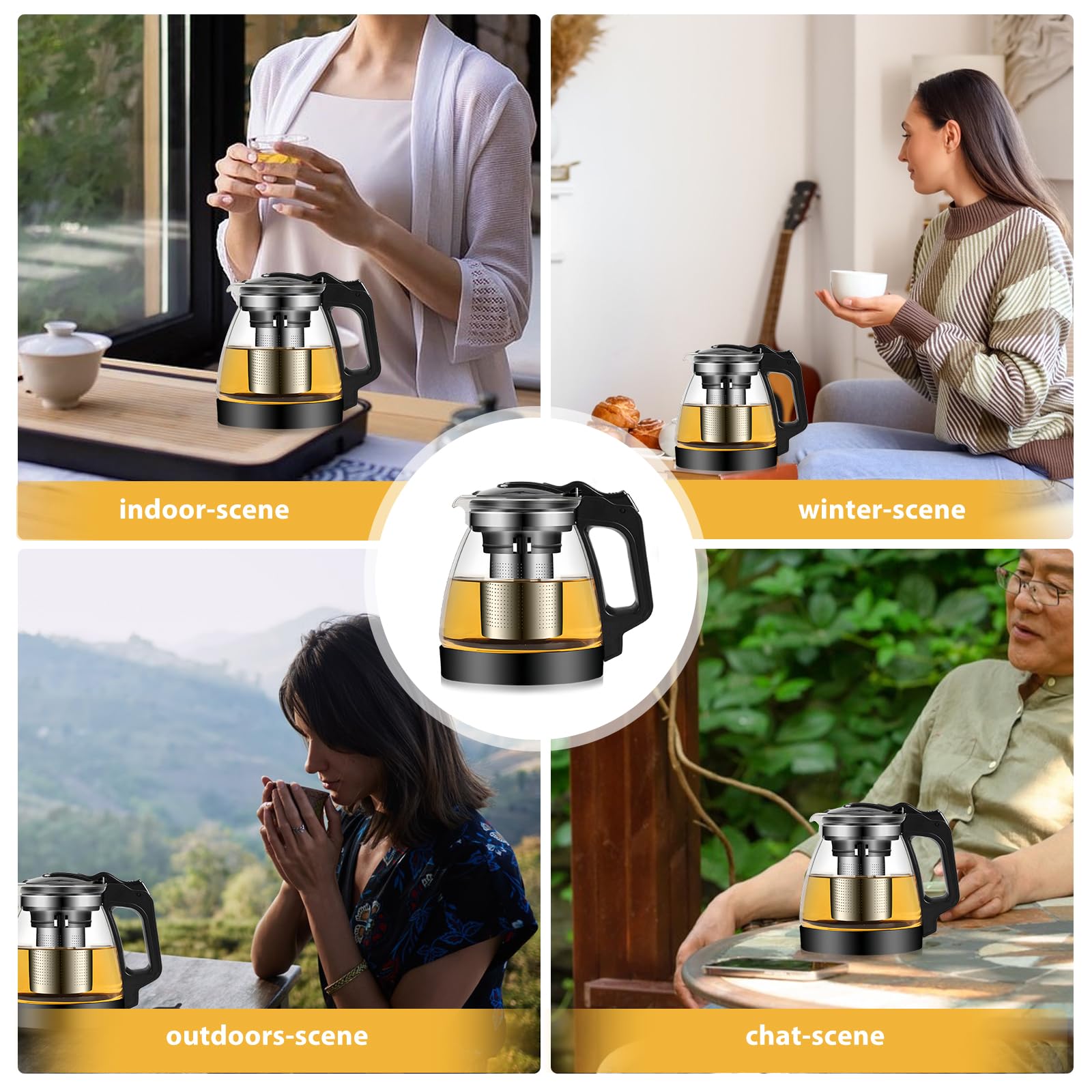 Teiera in vetro con filtro (2000 ml), teiera in vetro con filtro estraibile, teiera in vetro, teiera di grande capacità, ideale per la preparazione di tè sfuso, tè ai fiori