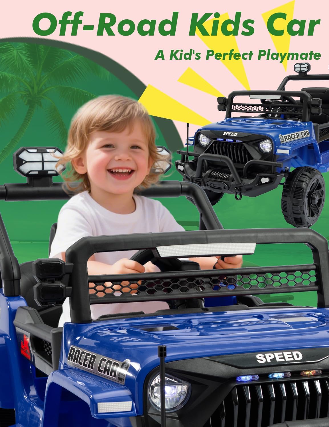 Bluefun 12V Ride On Truck for Kids with Parent Remote, Electric Toddler Car with Suspension, LED Headlights, Bluetooth Music, 3 Speed Modes, Battery Powered Vehicle, Blue