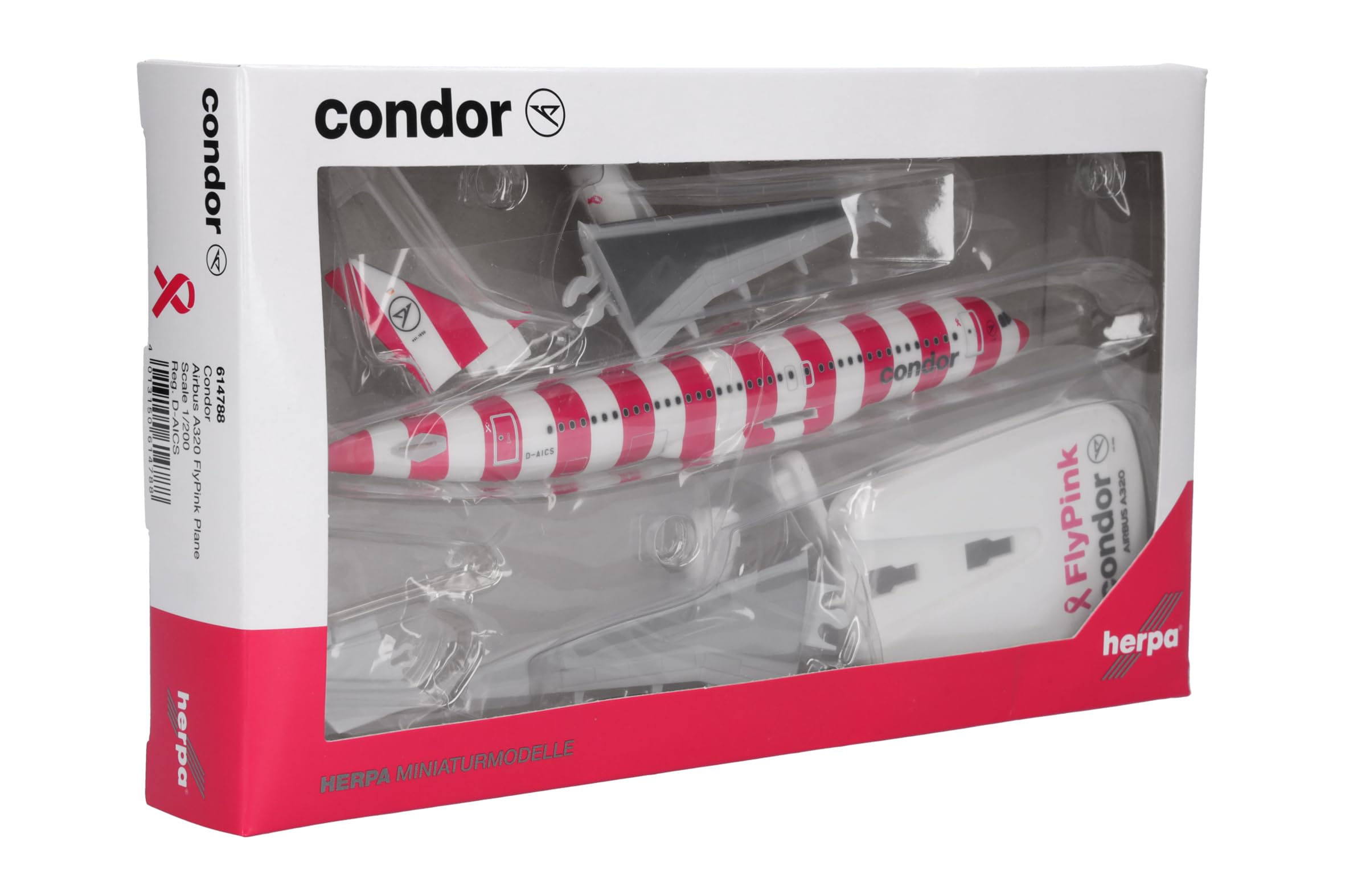 Herpa Snap-Fit Modellflugzeug Condor Airbus A320 FlyPink Plane, Miniatur im Maßstab 1:200, Sammlerstück, Modell mit Standfuß, Kunststoff