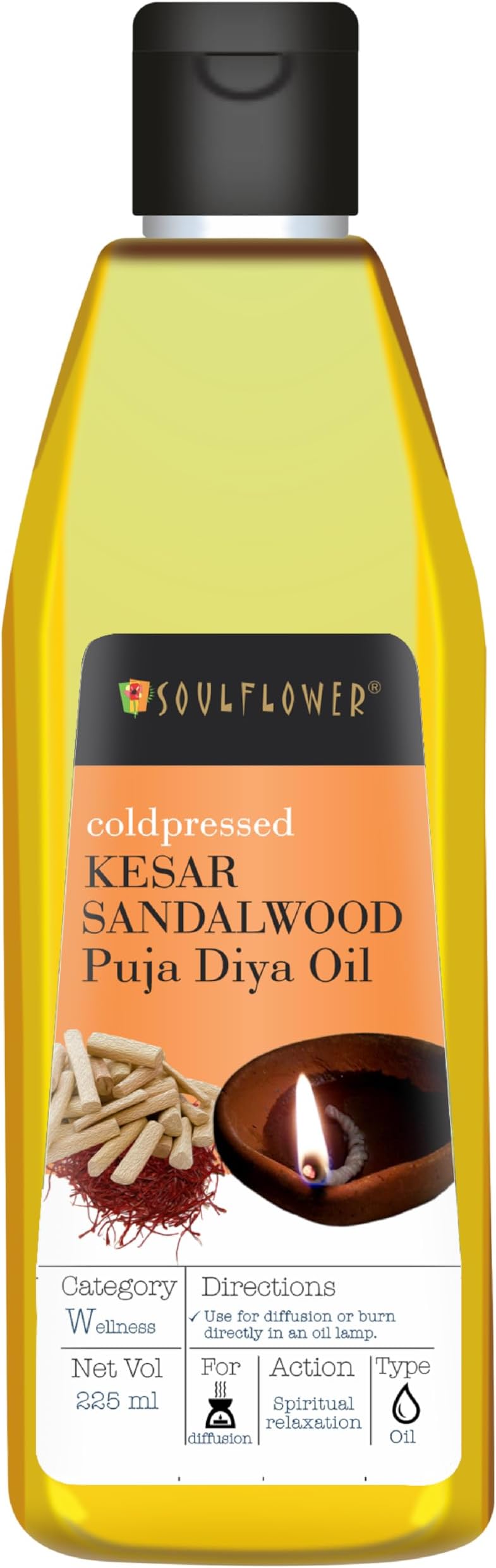 Soulflower Pooja Oil for Akhand Jyot, Hawan, Grah Pravesh & Hindu Rituals | Smokeless Deepam Oil with Saffron & Sandalwood | Spiritual Fragrance for Poojan & Decoration, 225ml