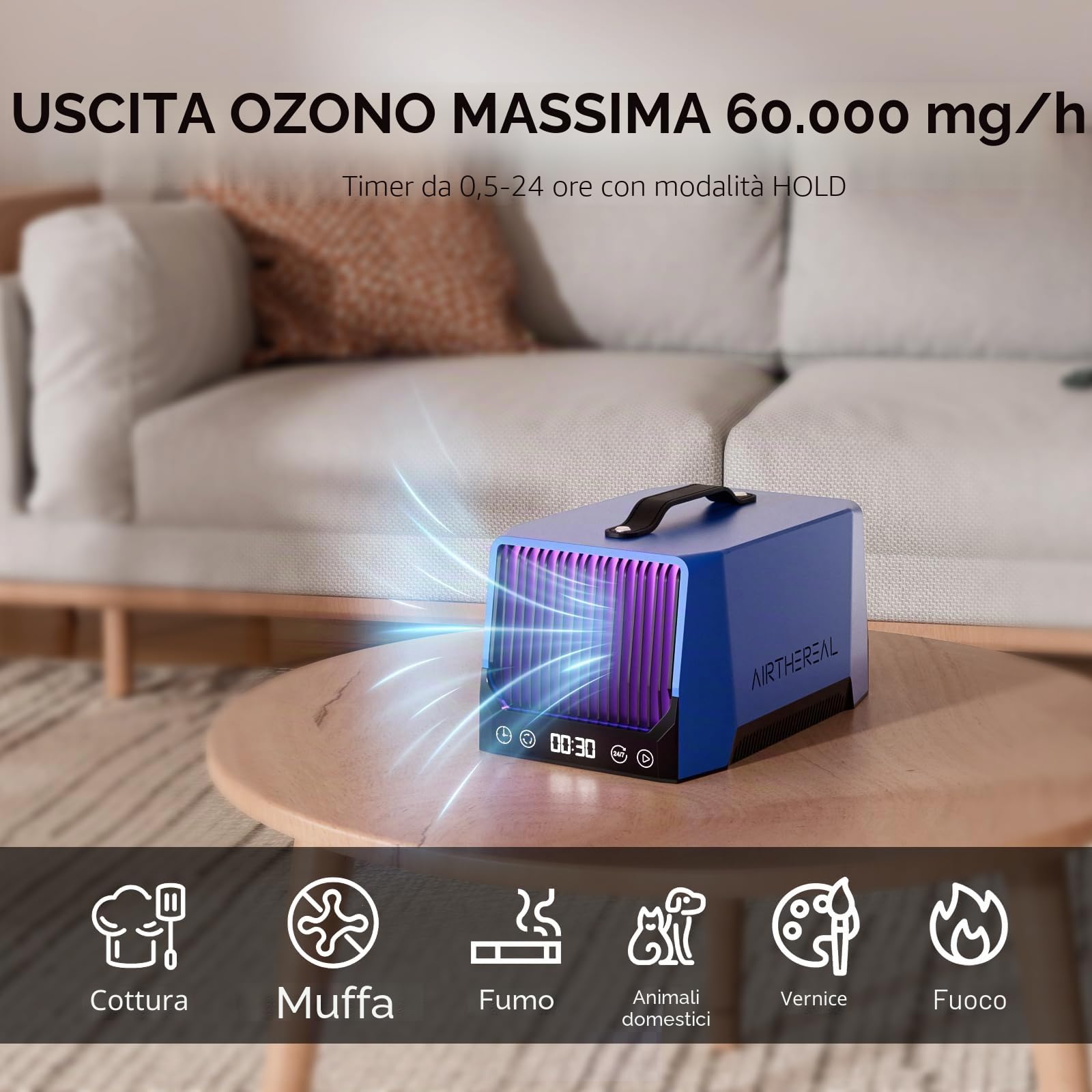 Airthereal DA25 Generatore di Ozono da Tavolo – Dispositivo portatile per eliminare odori di fumo, COV e animali domestici, ideale per casa, garage, auto e ambienti fino a 470 m² (Blu)