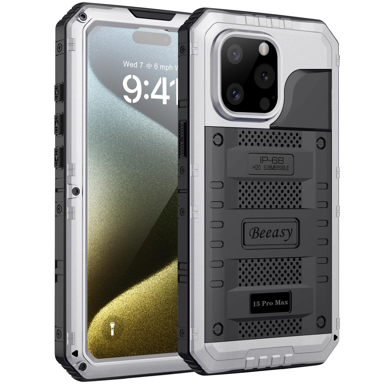 Beeasy Cover per iPhone 15 Pro Max IP68 Impermeabile Custodia Militare Antiurto Resistente 360° Metallo Armor Protezione Schermo Integrata Rugged Robusta Indistruttibile Subacquea Antipolvere Argento
