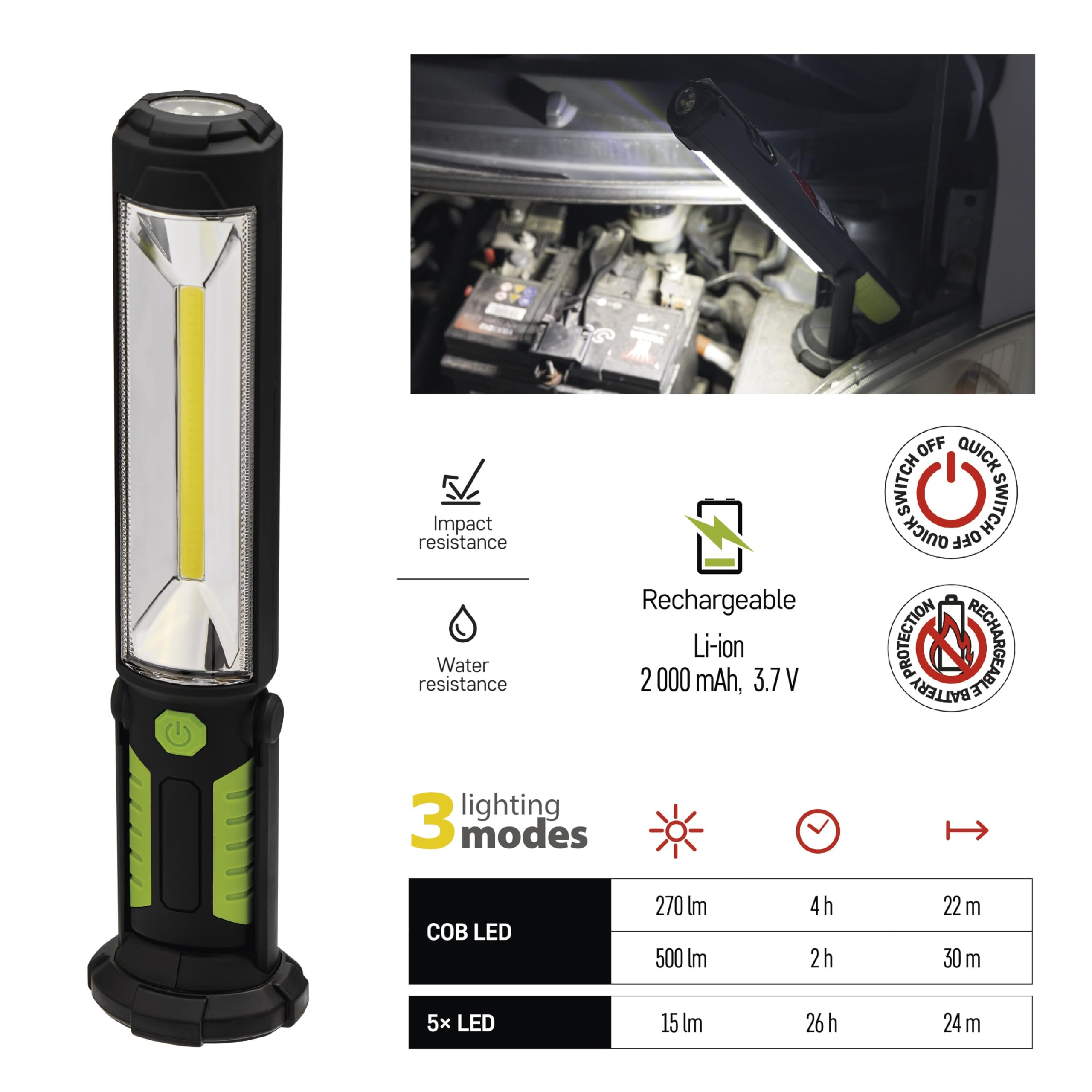 Emos e708 a de COB + 5, recargables lámpara – 5 W COB LED, plástico, Green, 6, X 32 X 7, 6 cm