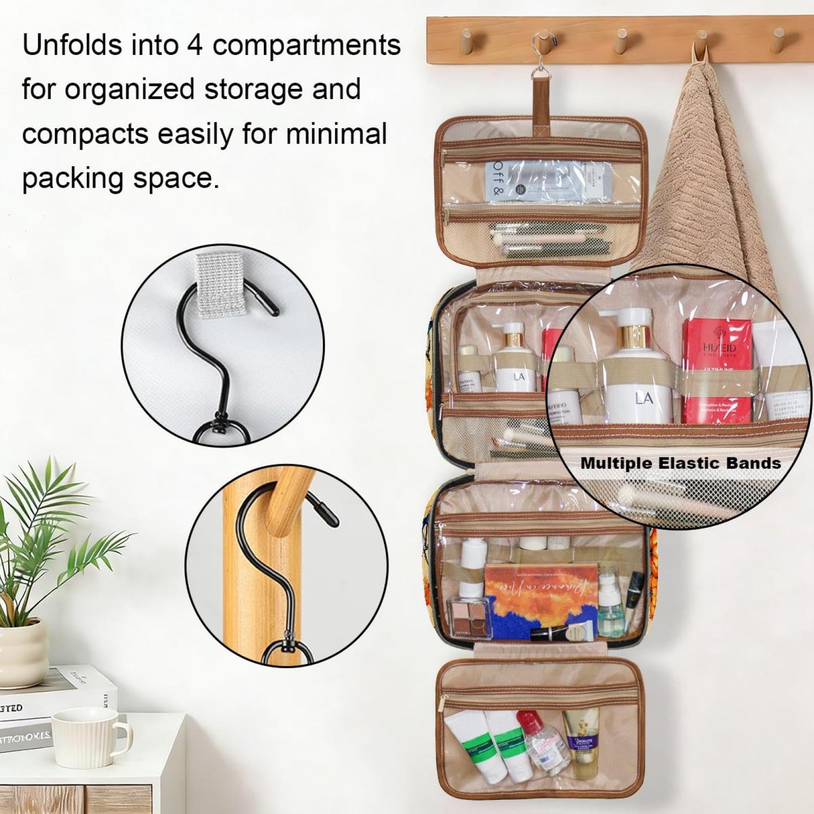 Kulturbeutel zum Aufhängen für Damen, Vintage-Blumen, Reise-Make-up-Tasche, Organizer, Kosmetiktasche, Make-up, Kulturbeutel für Reisen, Zubehör, Mehrfarbig 4, M, Kulturbeutel