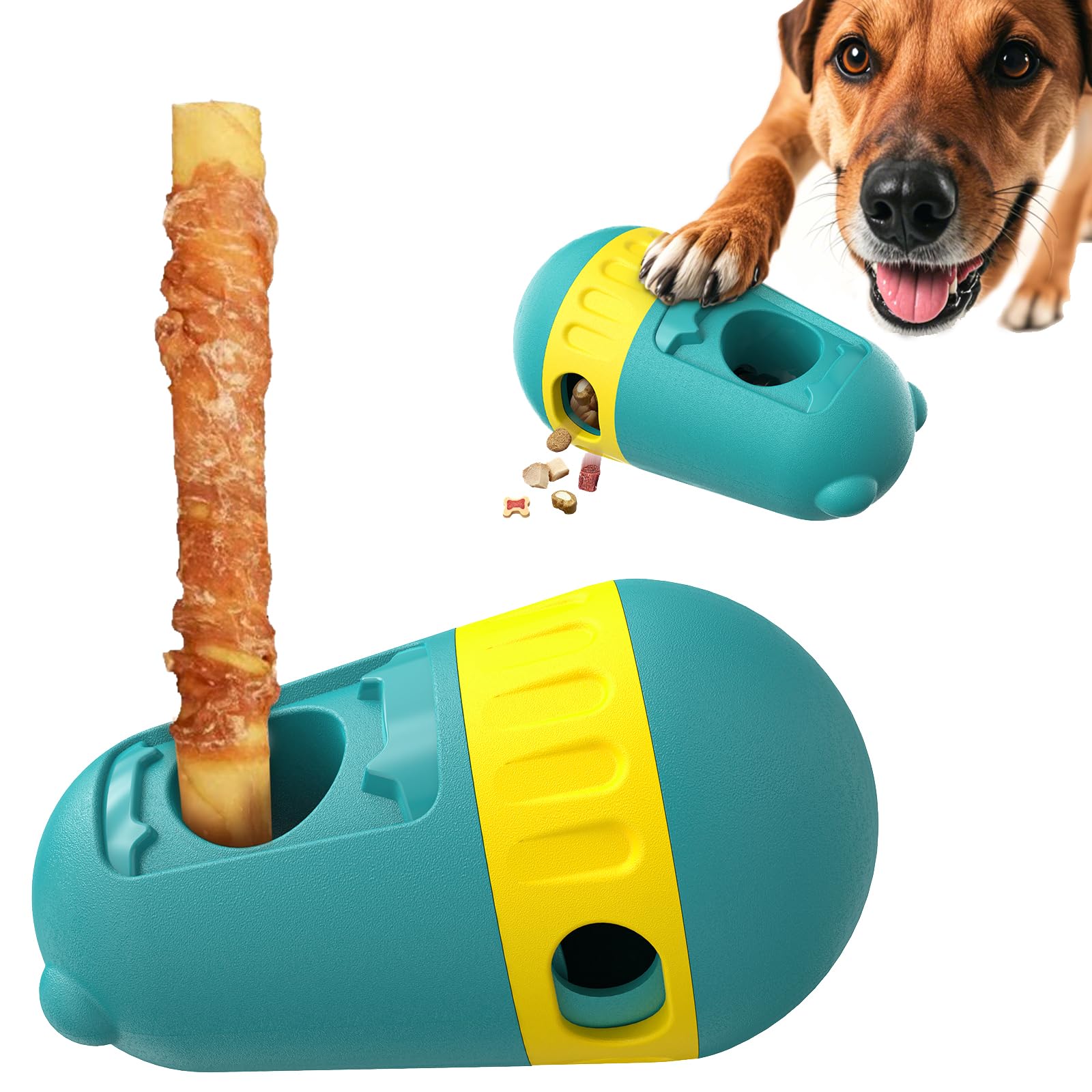 Interactive Food Puzzles Ball for Dogs with Bully Stick Holder Safety Device Adjustable Dog Treat Dispensing Dogs Puzzles