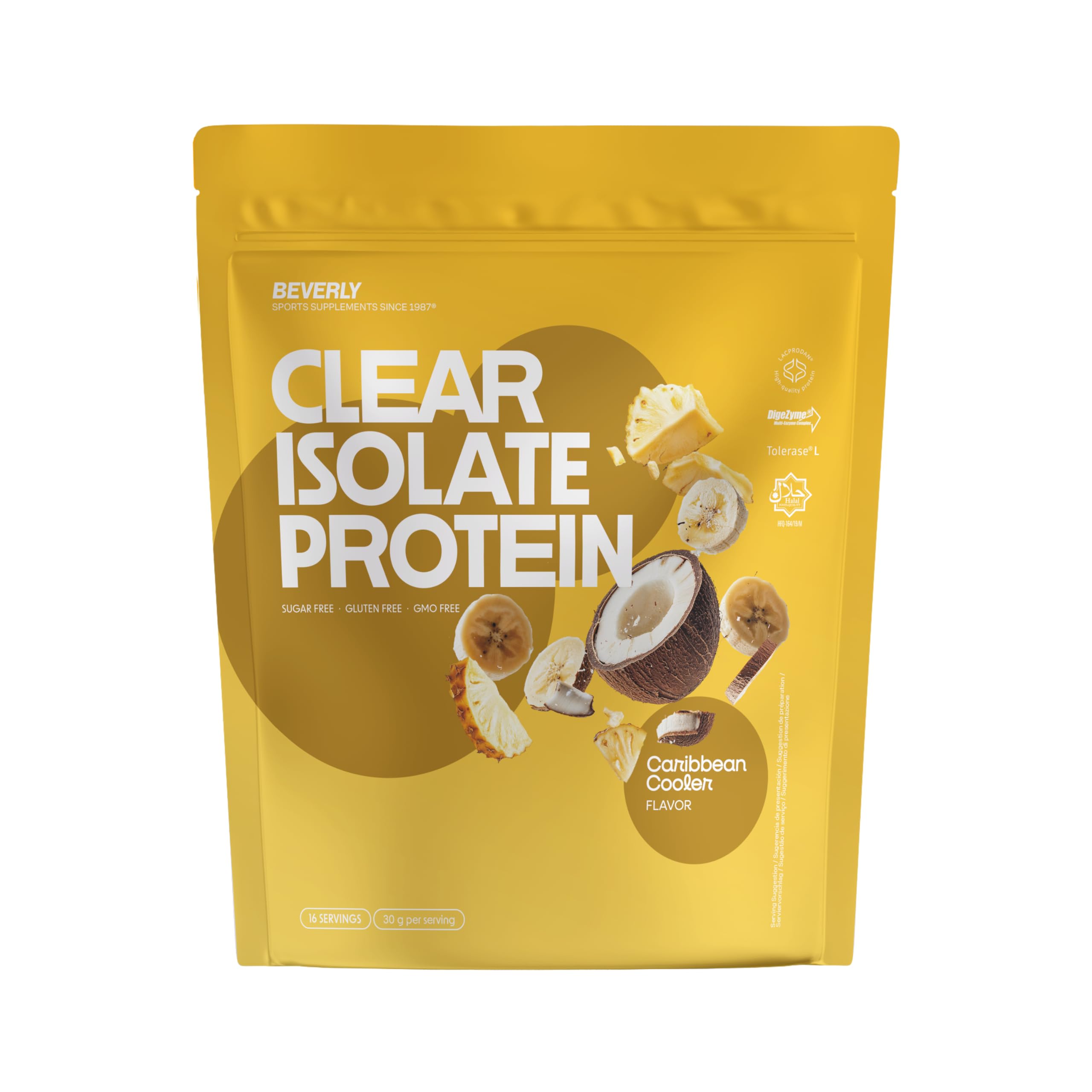 Beverly Clear | Protéine d'isolat de lactosérum Clear Whey | 500 g | 25 g protéines par portion | 30 services | Mix saveur ananas, noix de coco, banane (Caribbean Cooler)