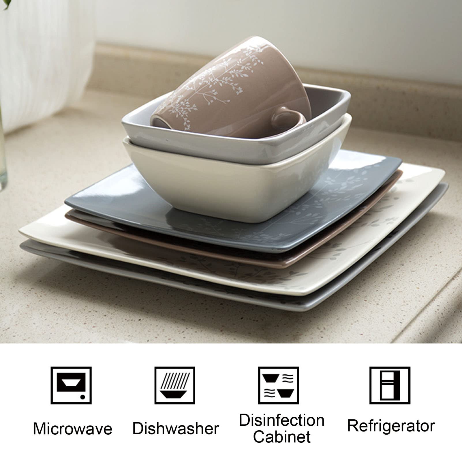 Kwadratowy zestaw ceramicznej zastawy stołowej dla 4 osób; zestaw porcelanowej zastawy stołowej zawierający 4 talerze, 4 talerze sałatkowe, 4 miski i 4 kubki; cerami,