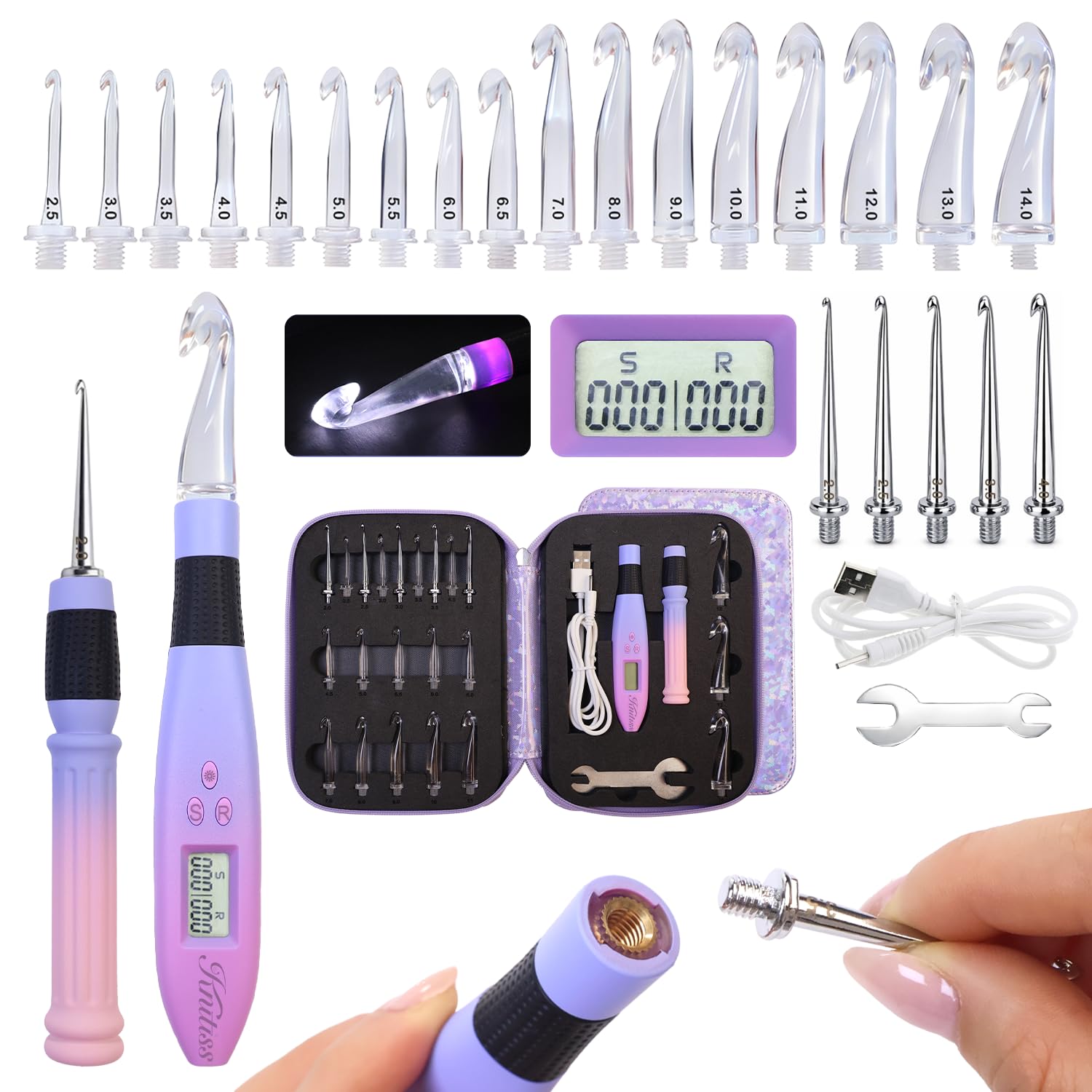 Knitiss Light up Crochet Hooks Set, 22 in 1 Interchangeable Crochet Hooks with Screw-Knob Lock, LED Lighted Crochet Hook with Stitch Counter, Metal & Plastic Crochet Needles 2.0-14.0mm