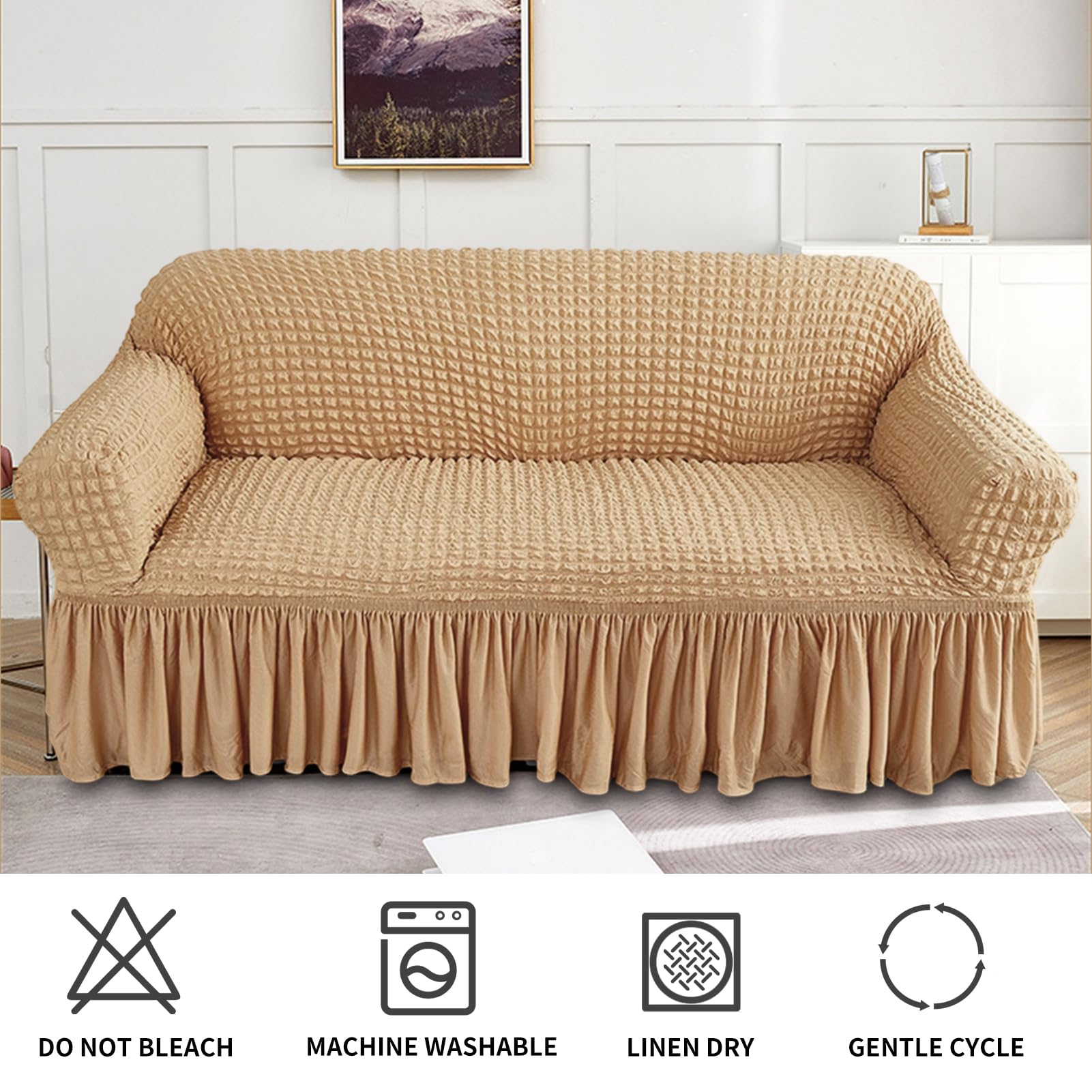 Seersucker-Stretch-Sofabezug mit Rüschenrock, Universeller Sofahusse, Waschbarer Sofaüberwurf, Beige, 4-Sitzer 235-300cm