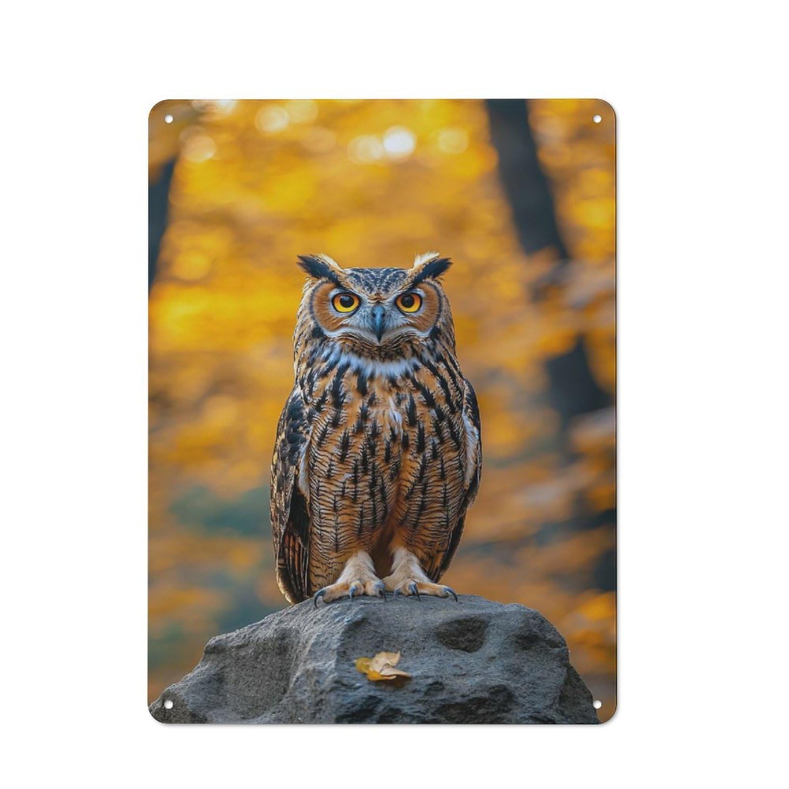 Junmoney Style-3 Owl Perched On Rock In Autumn Cottage Style Metal Wall Decor 40X30cm, Tin Wall Plaque For Kitchen, Cottage, Porch Or Garden Room