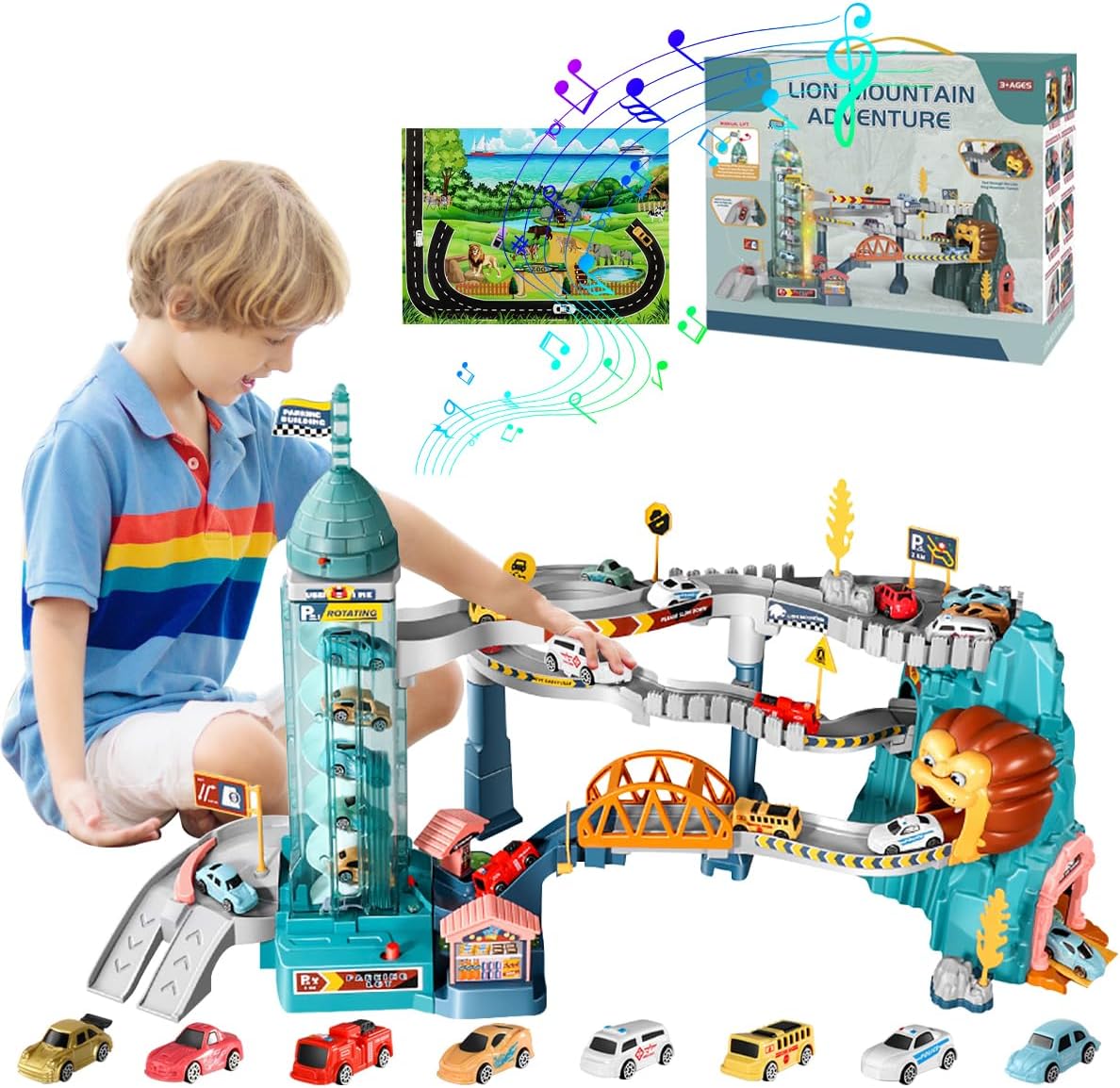 Race Track Toy Car Ramp Racer Car Adventure Playset With 8 Mini Vehicles, Lion Train Track with Car City Parking Garage & 5 Layer LED Musical Electric Elevator for Kids Toddler Boy Girl Age 1-6 Gift