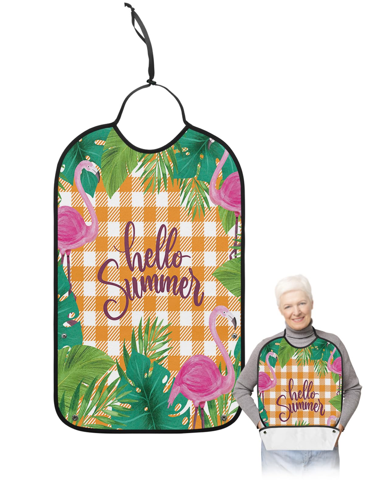 LEOKOTI Summer Tropical Adult Bibs for Eating, Waterproof Bibs with Food Catcher & Adjustable Snap Closure, Flamingo Green Leaves Orange Plaid Clothing Protectors Adult Bibs for Elderly Women/Men
