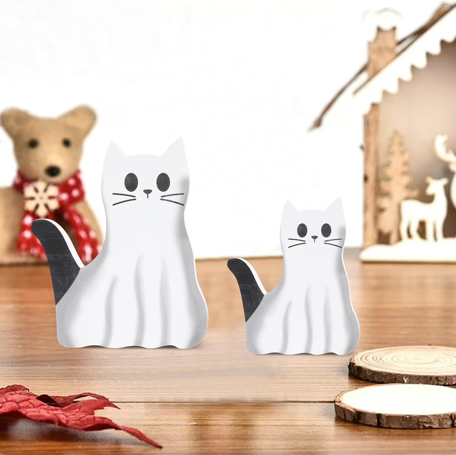 Wooden Ghost Cat Figurine - Ghost Cat Wooden Halloween Decoration, Animal Form Tiered Tray Decoration, Self Standing Ghost Statue Rack Coffee Bar, Fall Festival Animal Enthusiast Supplies image 4