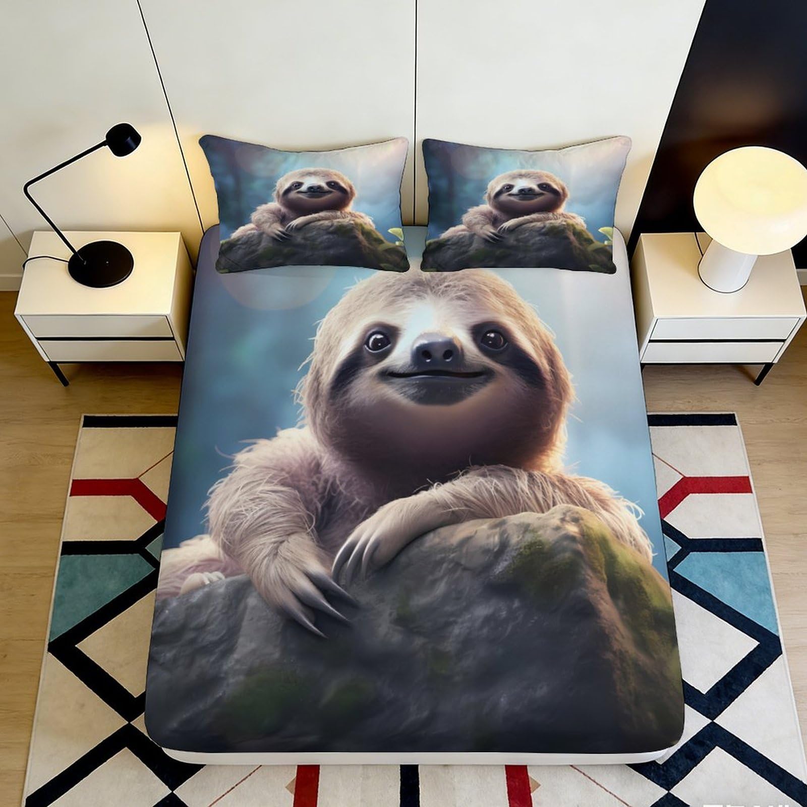 3D Printed Cute Sloth Fitted Sheet Microfiber Soft Breathable Forest Animal Bed Cover for Bedroom Dorm Mattress Protection Decor 200x200x25cm