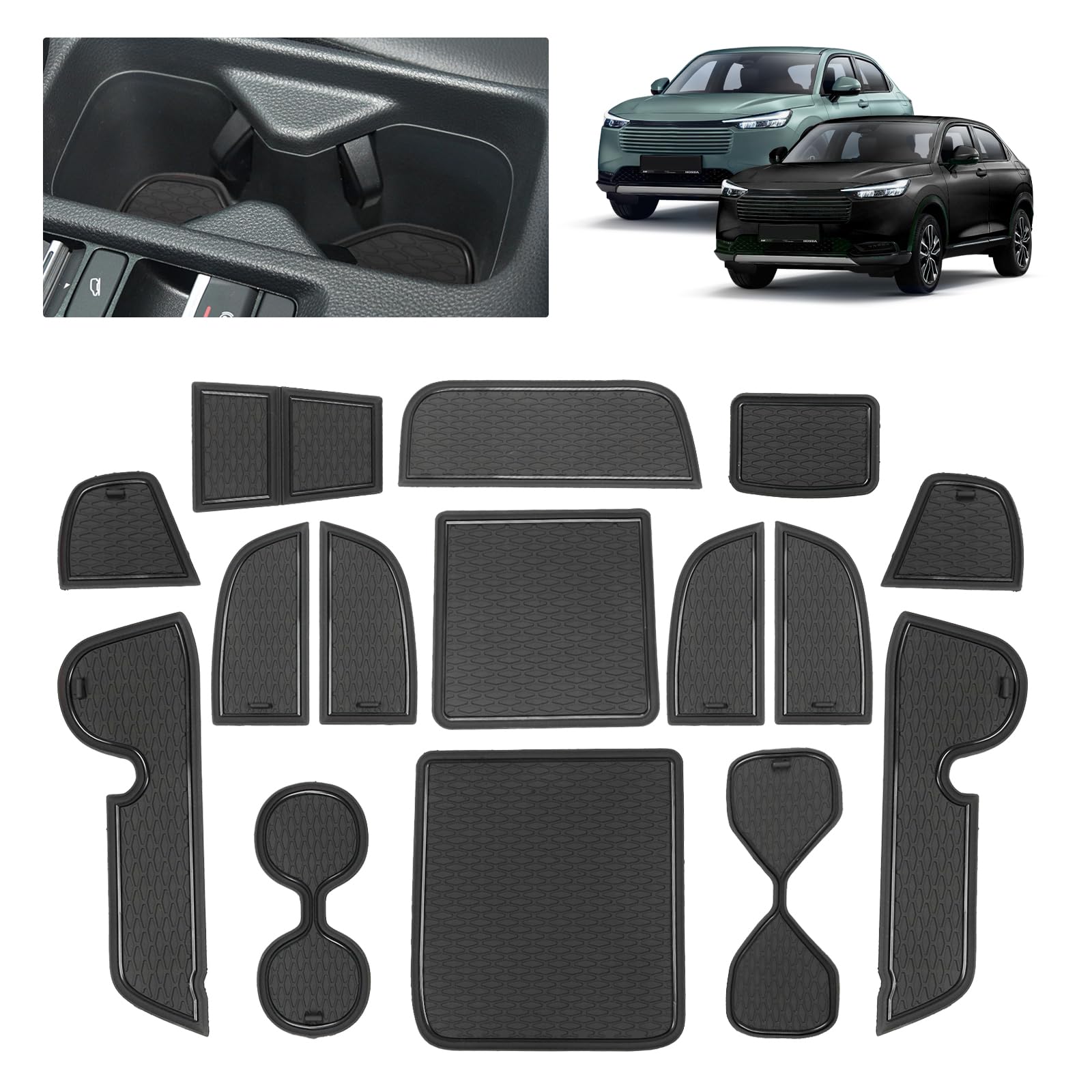 Compatibile con Honda HR-V III 2022 2023 2024 2025 Tappetini Antiscivolo per Honda HRV Hybrid Tappetini in Gomma per Console Centrale, Porta Bicchieri, Scanalatura Porta (Nero)