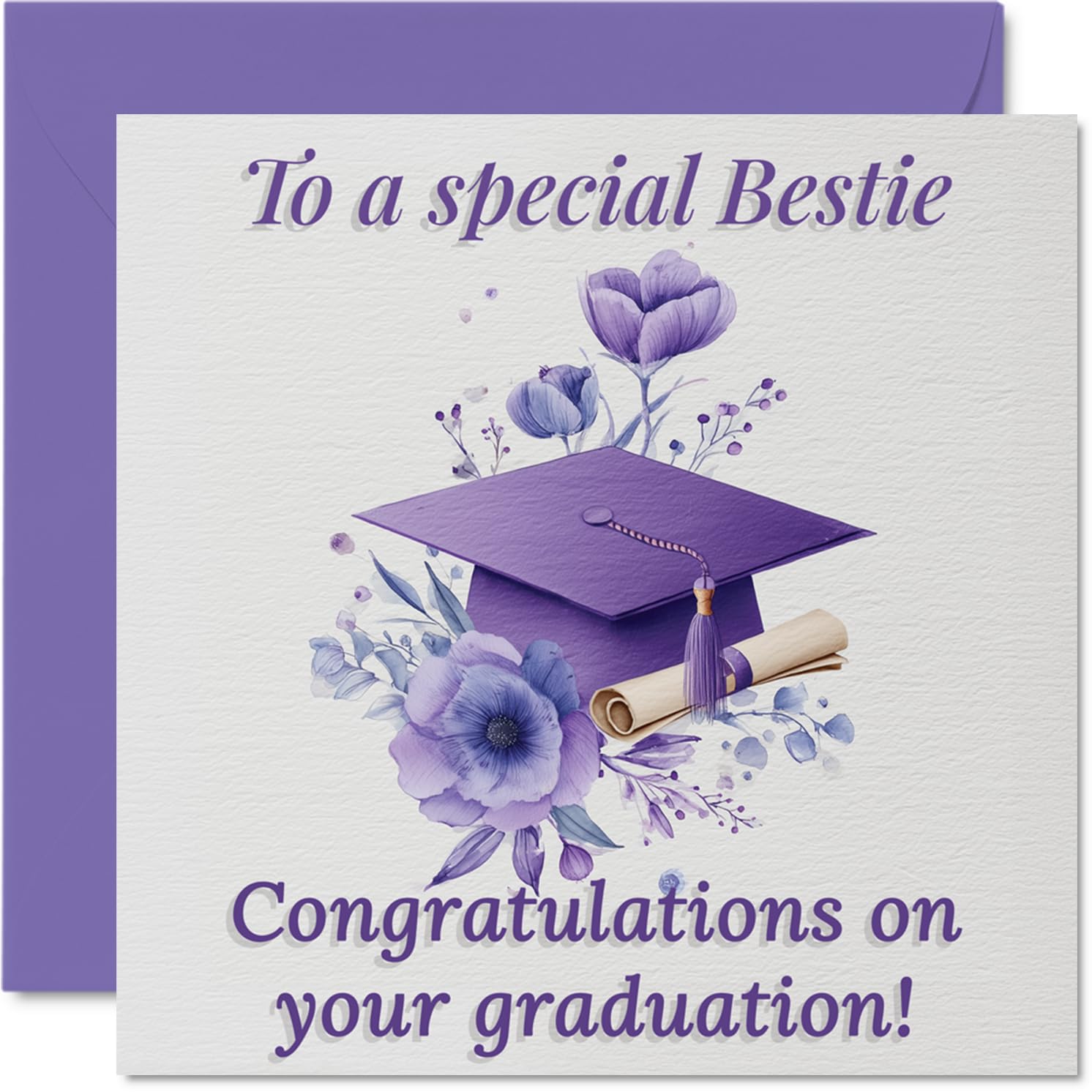 Heartfelt Congratulations Card for Bestie - Celebrating Your Big Moment - Graduation Cap with Floral Detail in Purple and White - 145mm Square, Envelope Included