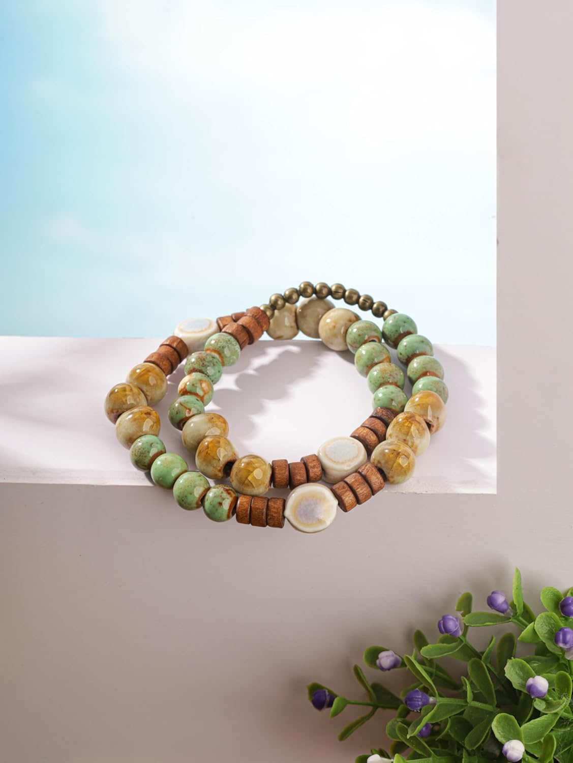 MINACHI Bohemian Ceramic Wooden Bead Bracelet, Double Circle Style, Green Yellow Gradient, Delicate Jewelry for Women - Image 6