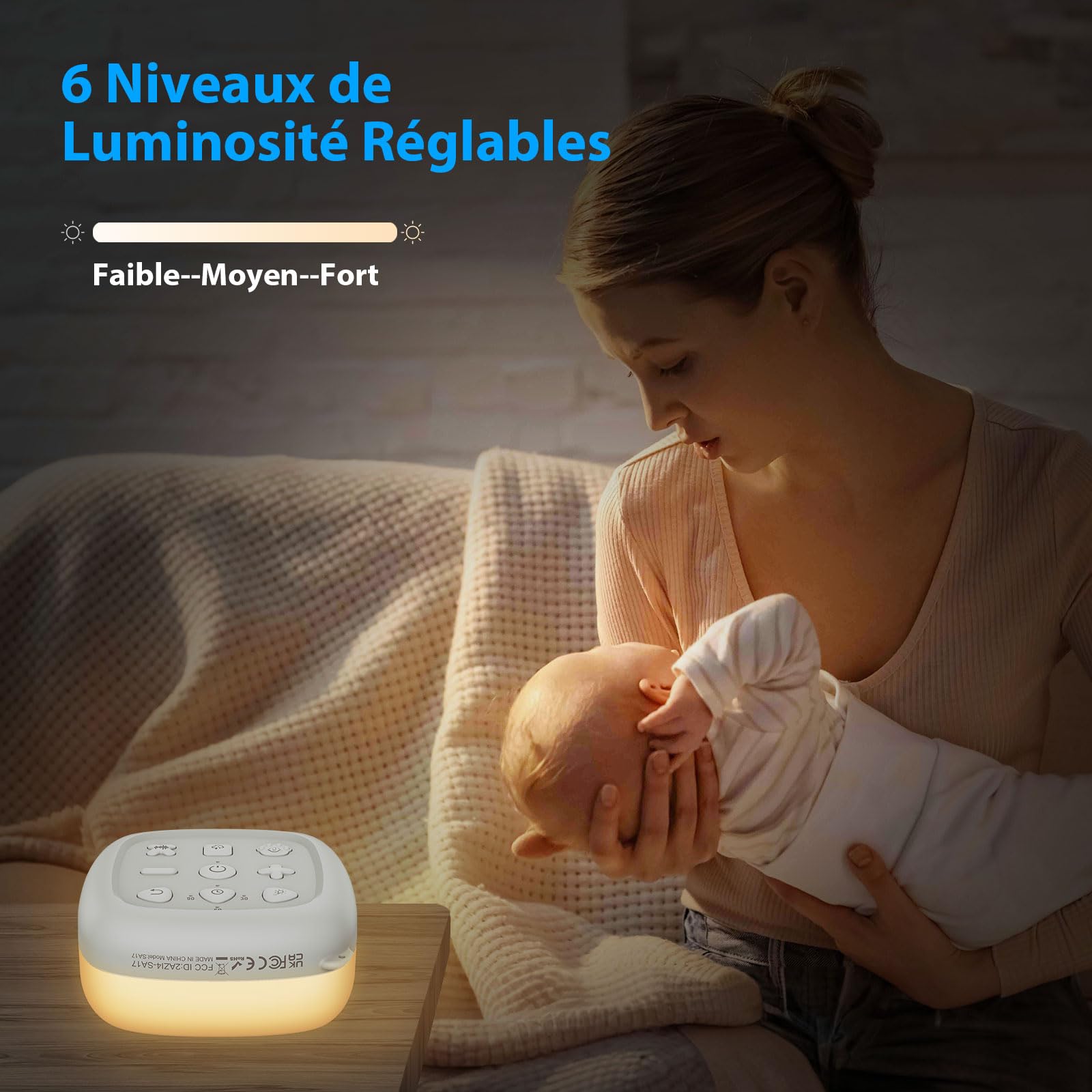 eSynic Mini Veilleuse Bruit Blanc Machine à Sommeil Machine à Bruit Blanc Portable pour Bébé, 30 Sons de Sommeil et 7 Couleurs de Lumière de Nuit pour Bébé