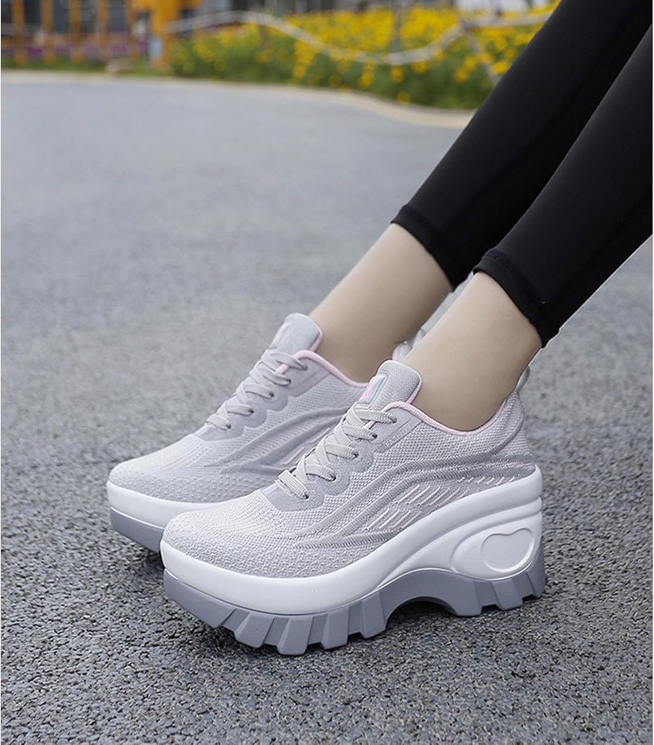 Women's Chunky Platform Comfort Orthopedic Wedge Walking Shoes Fashion Sneakers Knitted Breathable Lace Up Lug Sole Casual Non-Slip Work Shoes - Image 2