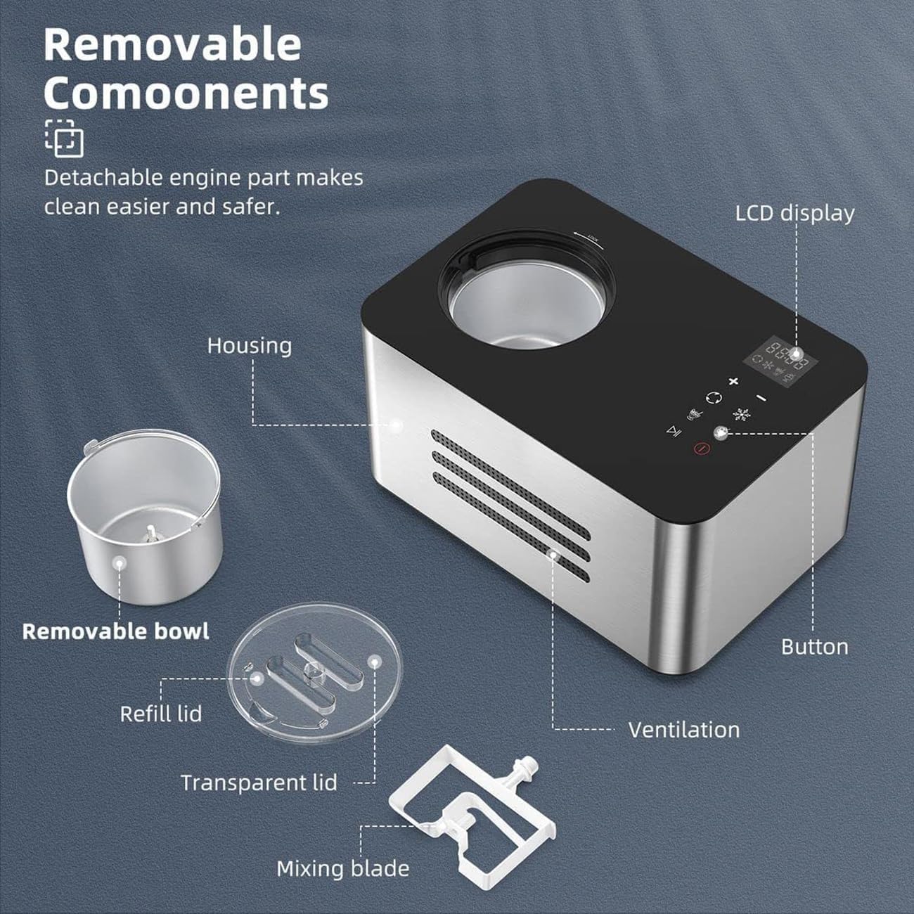 Home Automatic Ice Cream Maker,1.5L Home Portable Electric Ice Blender Dessert freezing Yogurt Sorbet Maker with Compressor,LED touch screen,for Kids, Home, Holiday