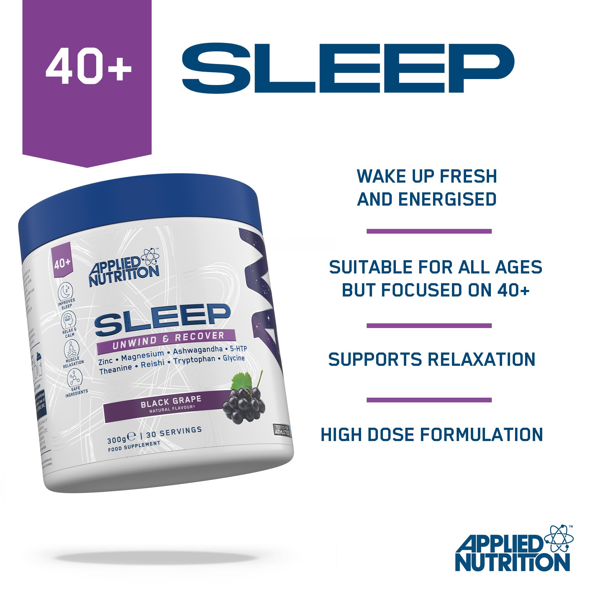 Applied Nutrition Sleep Support for Over 40s | Magnesium Glycine L-Theanine 5-HTP & Adaptogens | Informed Sport – Black Grape 300g – 30 Servings product thumbnail 4