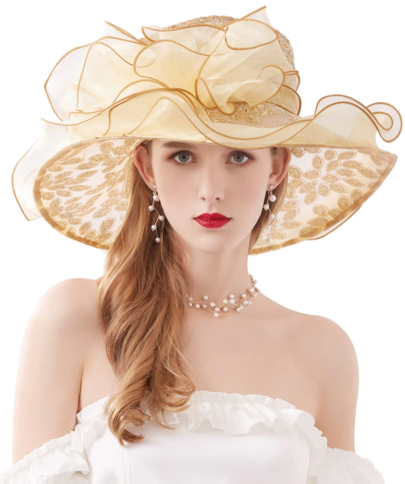 Z&X Organza Church Fascinator Wedding Tea Party Derby Hats for Women Flower Wide Brim Sun Hat