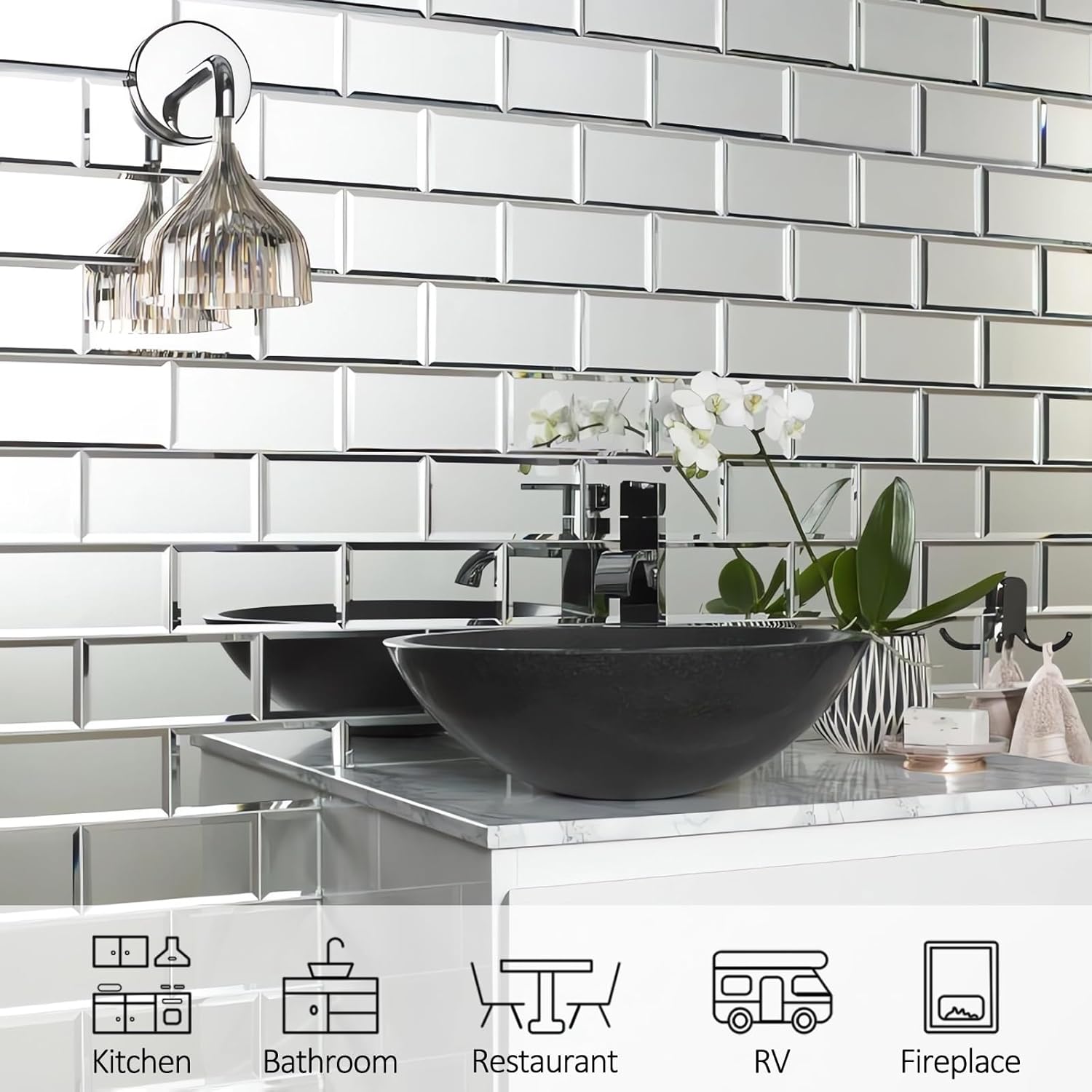 Peel and Stick Mirror Tiles, 3" x 6" Self Adhesive Mirror Tiles Beveled Silver Glass Mosaic Tile for Kitchen Backsplash Bathroom Wall Pack of 40 Pcs