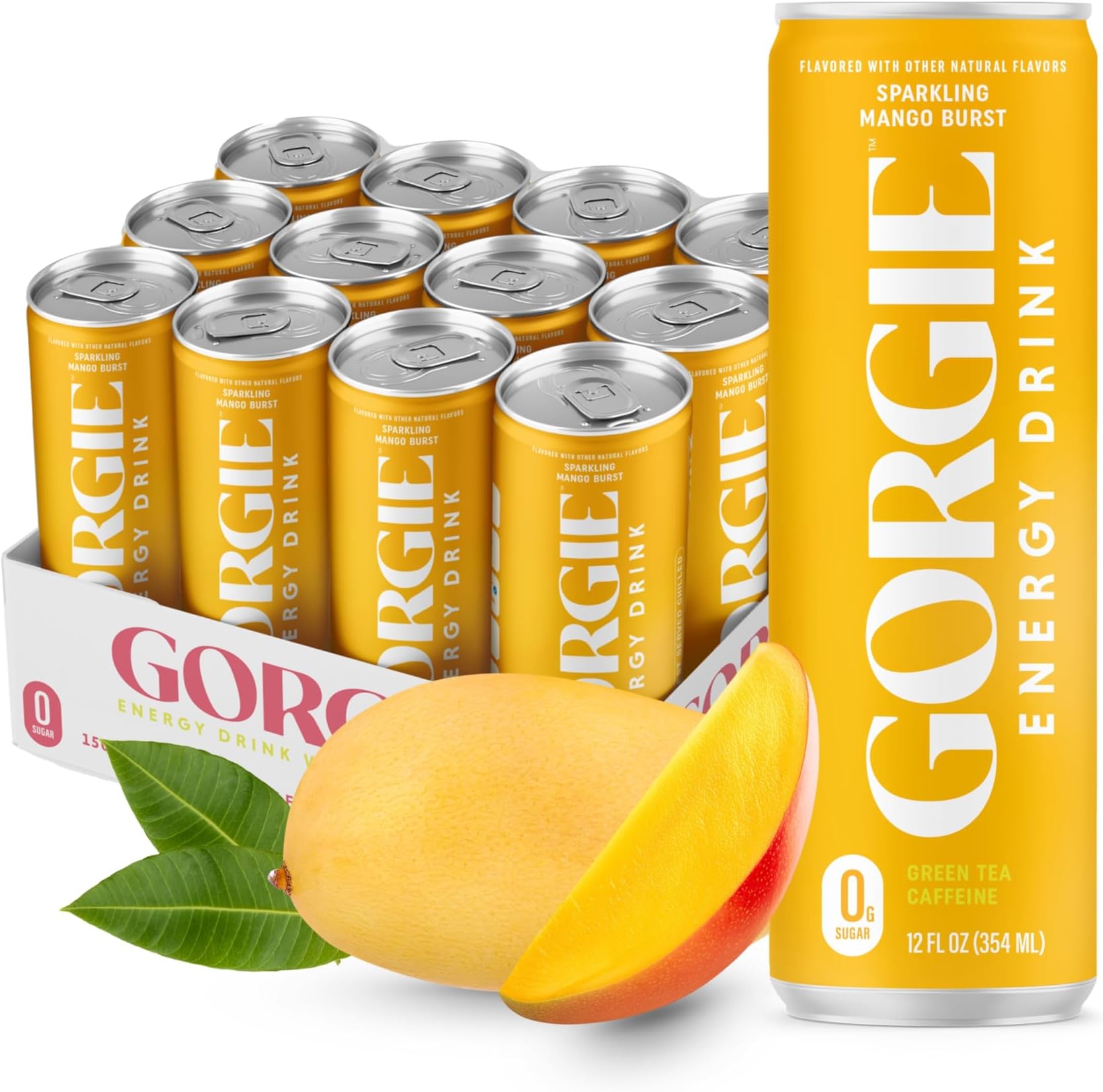 GORGIE Sugar Free Natural Energy Drinks, Sparkling Mango Tango (12 Pack) - Healthy Energy Drinks - Natural Coffee Replacement with Green Tea Caffeine and Biotin - 150mg Caffeine, Vegan, & Low Calorie