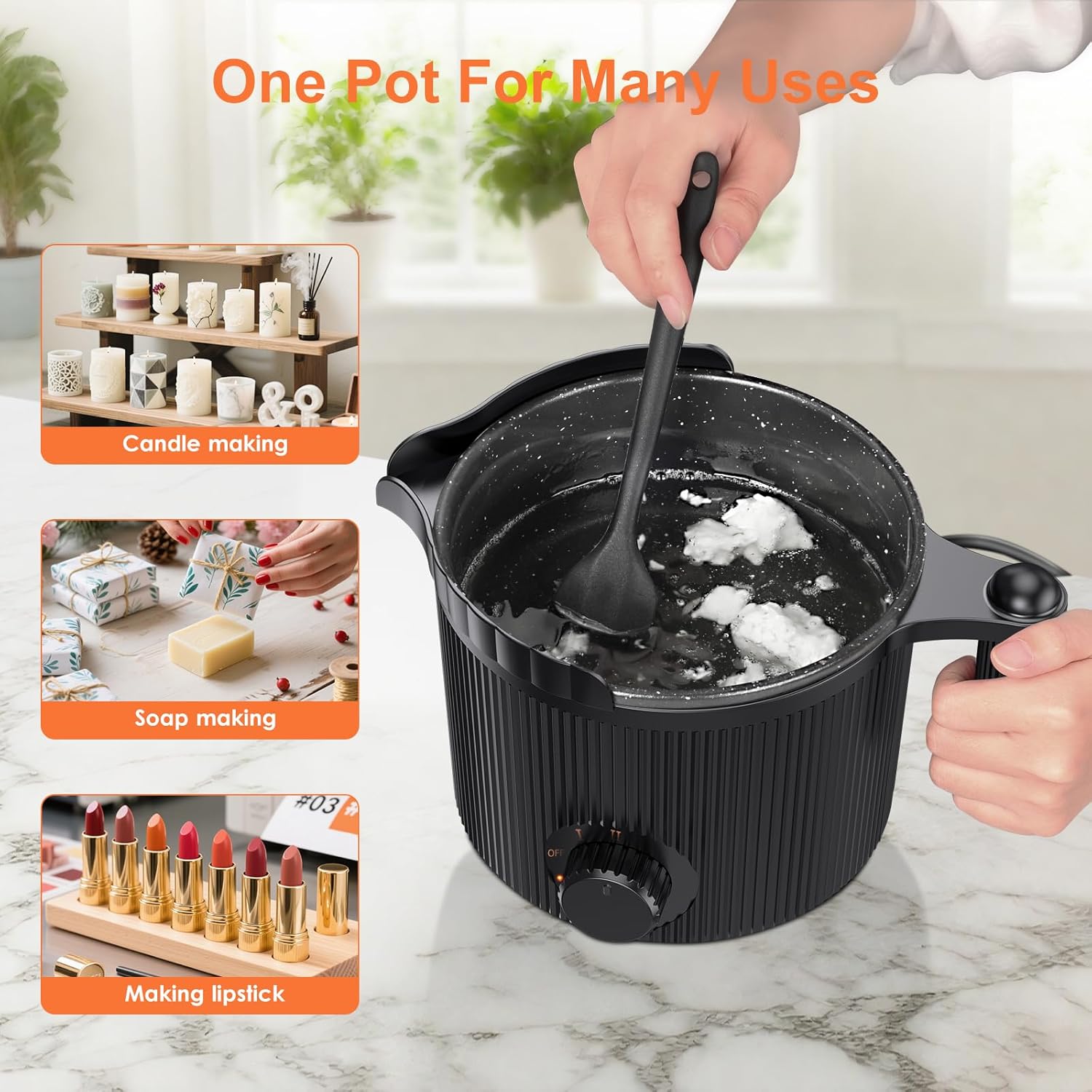 Candle Wax Melter with Pour Spout, Candle Making Kit for Adult Beginners, for Candle Making, Set Includes Wax Melting Pot, Stirring Spoon, Thermometer, Wick, Wick sticker and Centering Device - Black