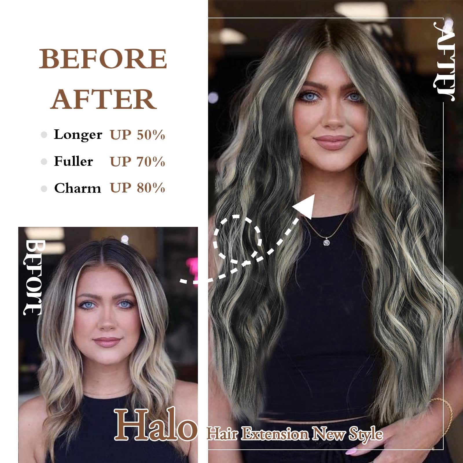 BUPPLER Halo Hair Extensions 20 Inch Invisible Wire Hair Extensions Adjustable Long Wavy Hairpiece Synthetic Upgrade 4 Secure Clips in Hairpieces 20 Inch,Jet Black Mix Ash Blonde - Image 2