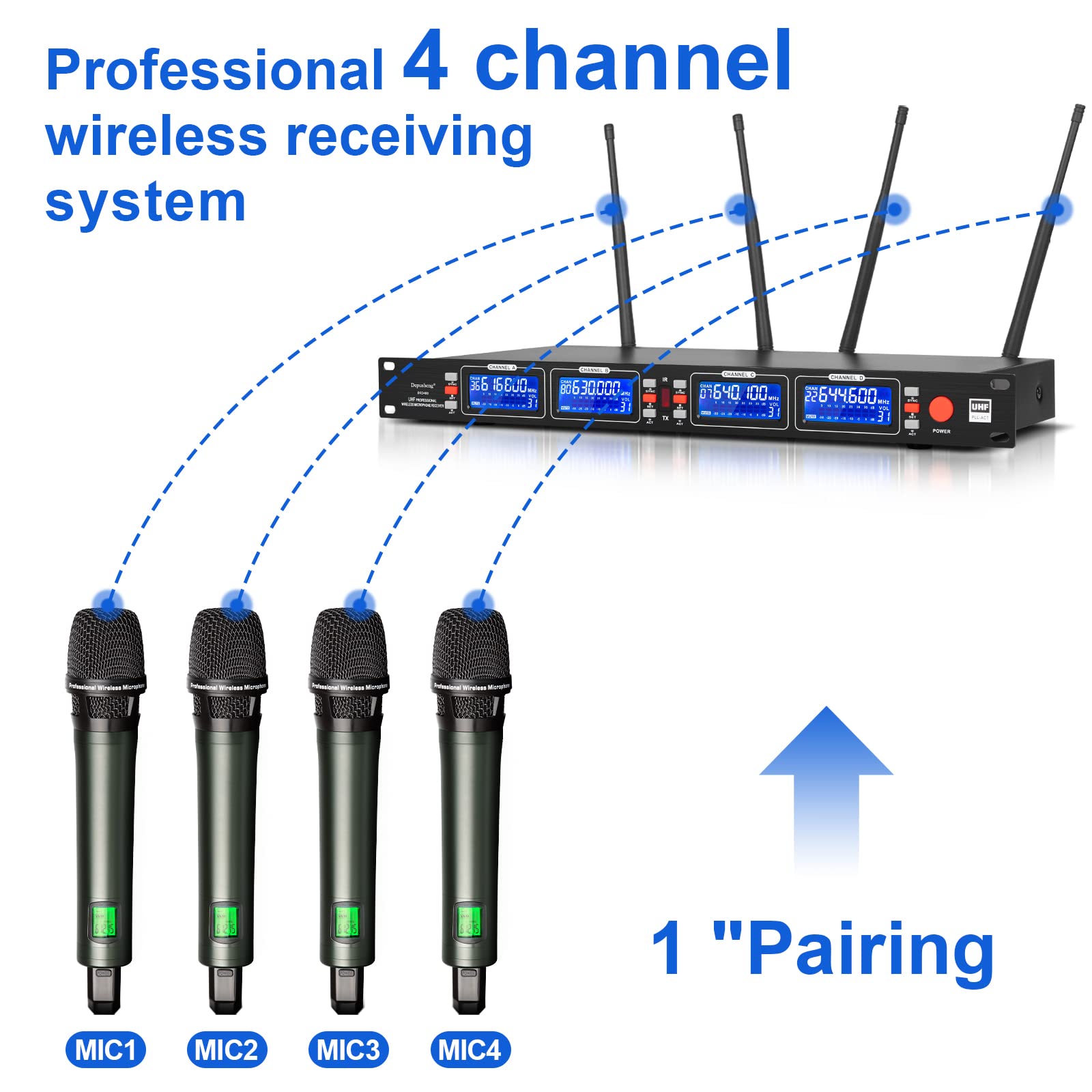 Depusheng DR2400 micrófono inalámbrico de Mano de 4 Canales para Escenario Profesional, Carcasa de Metal, Rango de recepción de 100 Metros, Muy Adecuado para Karaoke, Fiestas, Bodas