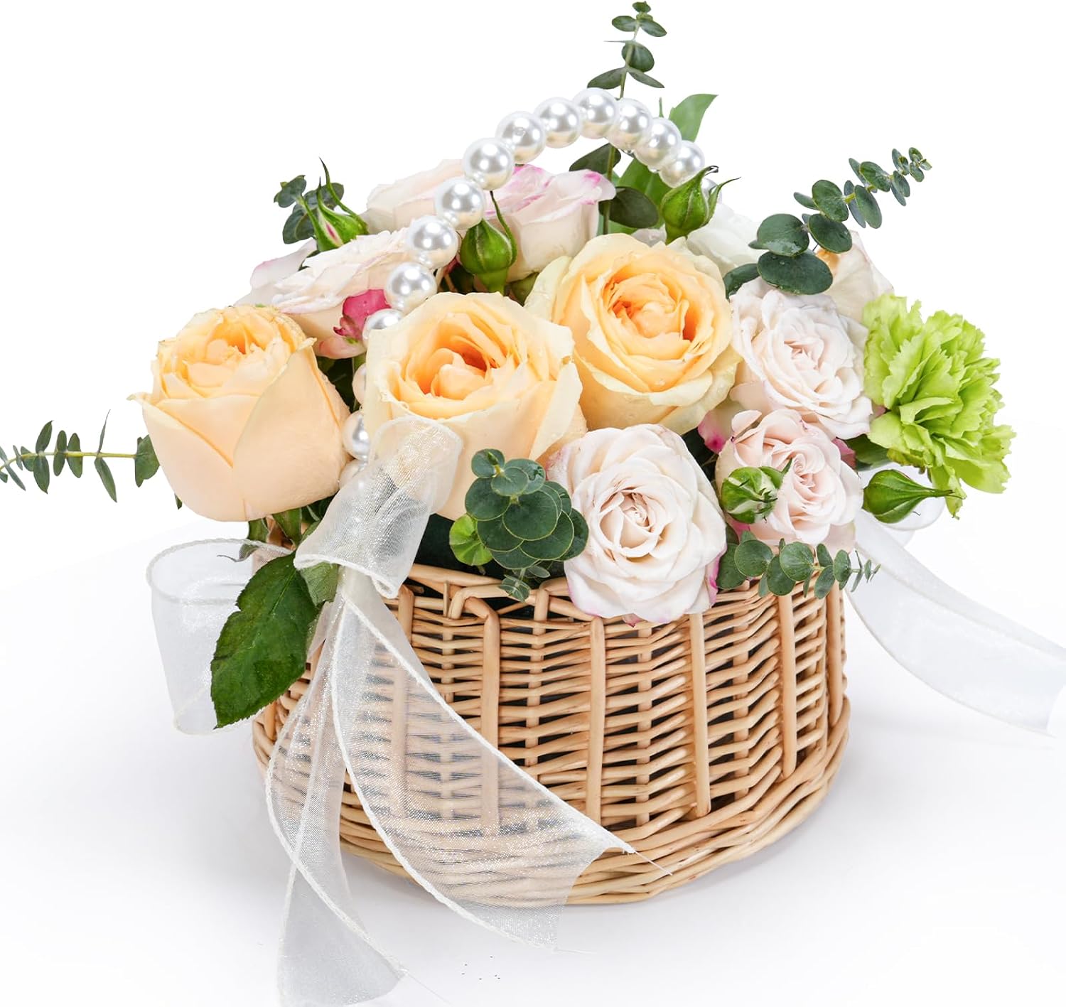 Flower Girl Basket, Wicker Rattan Wedding Flower Basket with Pearl Handle, Lace Bows and Lining, Handwoven Rustic Elegant Small Basket for Wedding Party Home Garden Decoration Outdoor Picnic