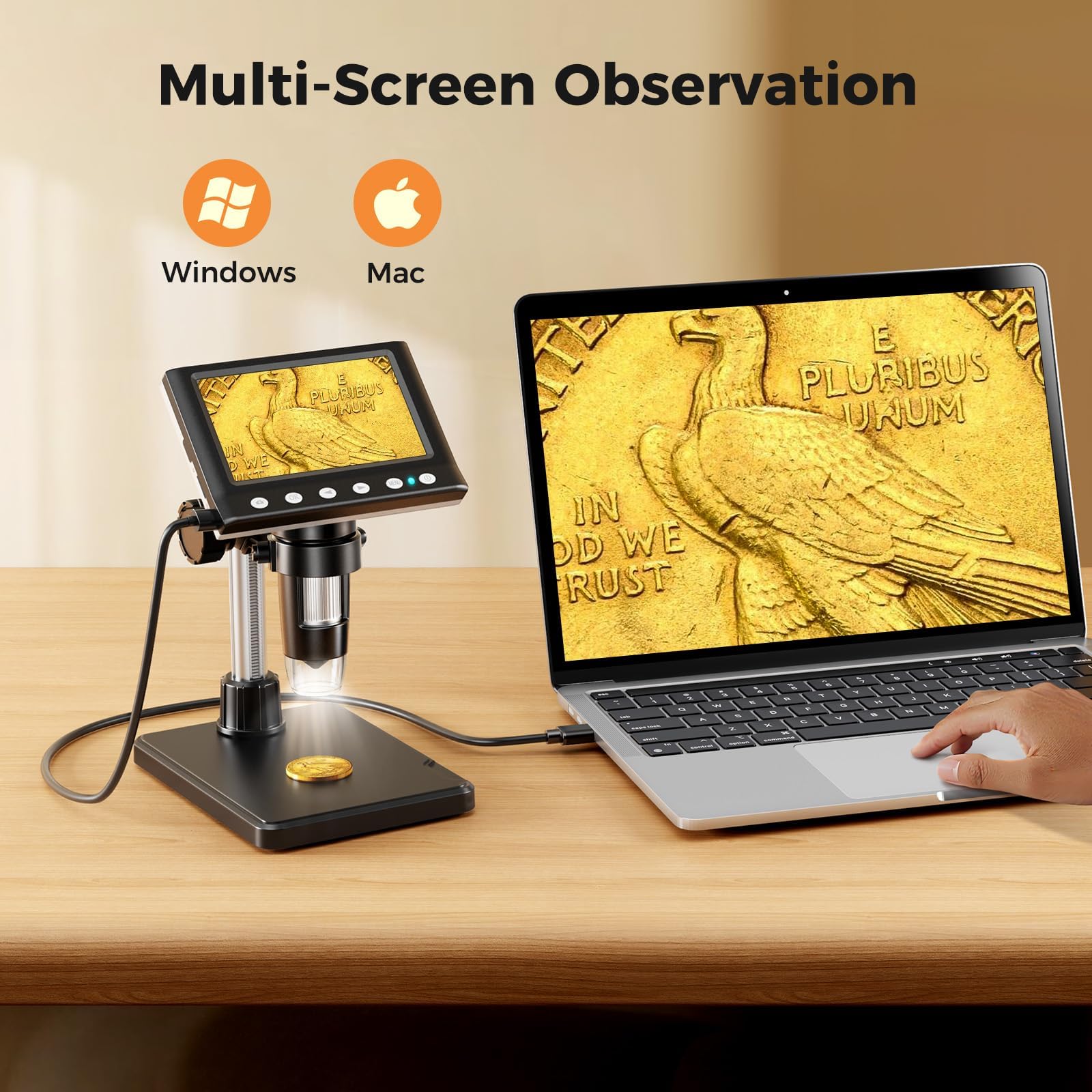 Microscopio digitale LCD da 4,3 pollici, lente d'ingrandimento USB 1000X con schermo per PC Windows e Mac, 8 luci LED regolabili per riparazione elettronica, saldatura, ispezione monete
