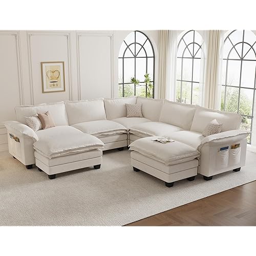KKL Large V-Shaped Modular Sectional Sofa, 7 Seater Cloud Couch with Ottoman, Chenille Sectional Couches for Living Room, Apartment, Beige