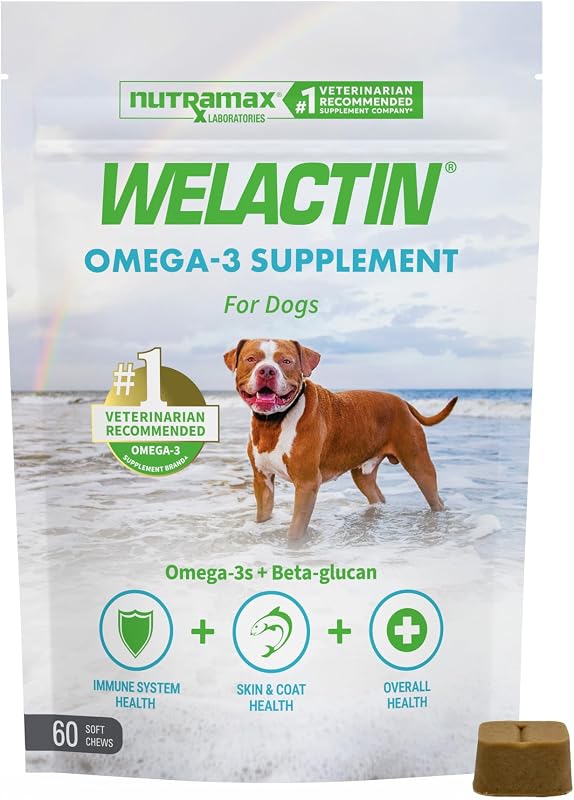 Nutramax Welactin Omega-3 Suplemento de aceite de pescado para perros, masticables suaves, 60 unidades | Suplemento para piel y pelaje de perro, ácidos grasos omega-3, beta glucano, respalda la salud inmunológica y general, todas las edades y tamaños