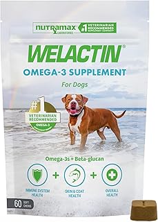 Nutramax Welactin Omega 3 Fish Oil for Dogs, Skin and Coat Health Supplement, Plus Immune and Overall Health, Premium Omega 3 Fatty Acids, Multivitamin For Dogs, Soft Chews, 60 Count