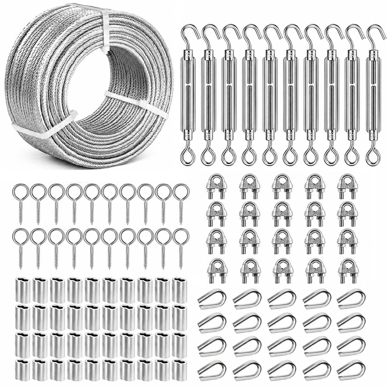 Drahtseil 3mm Set - 60M 3mm Verzinkt Stahlseil ummantelt mit ösen, M5 Spannschloss Seilspanner & Spanndraht Seilspanngarnitur für Wäscheleine, Gardinenseil, Rankhilfen, Lichterkette