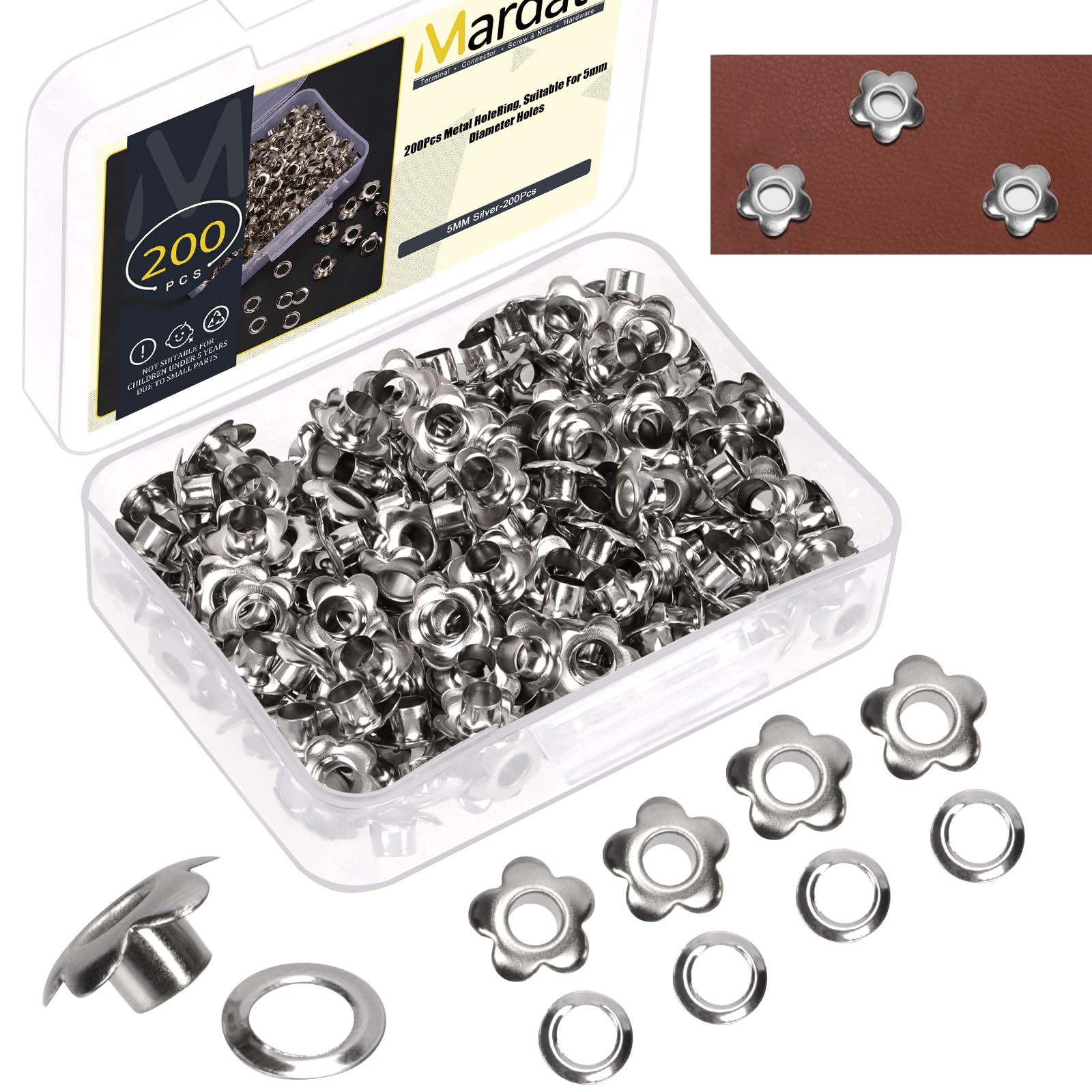 Mardatt 200Pcs 3/16 Inch Flower Eyelet Grommets, Metal Grommets Eyelets Flowers Grommets Scrapbooking Eyelets for Fabric Clothing Shoes Leather Crafts (Silver)
