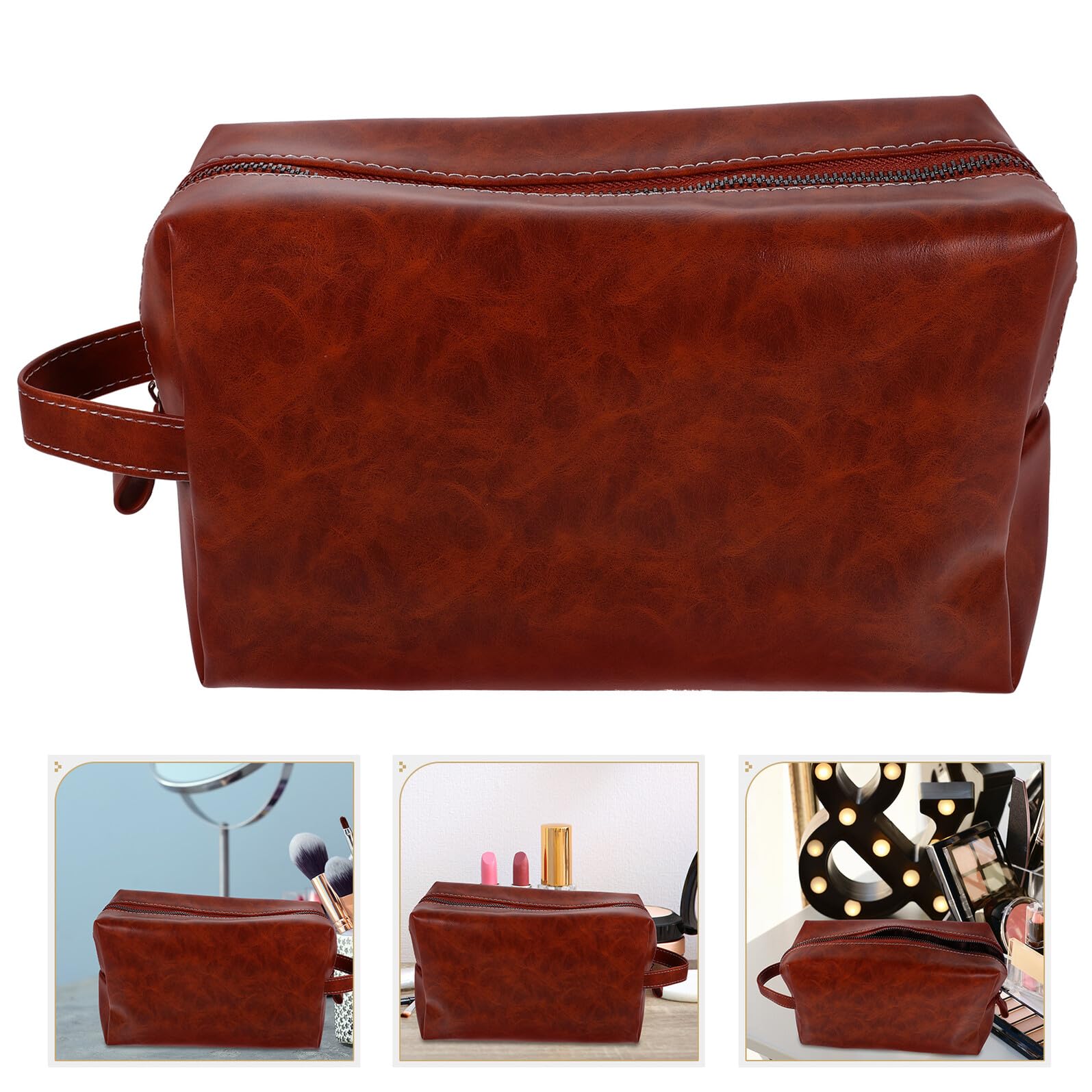 Zerodeko Vintage PU Leder Kulturtasche Herren Große Kapazität Reise Kosmetiktasche Tragbar Leicht Robust Wasserabweisend für Business Outdoor Camping