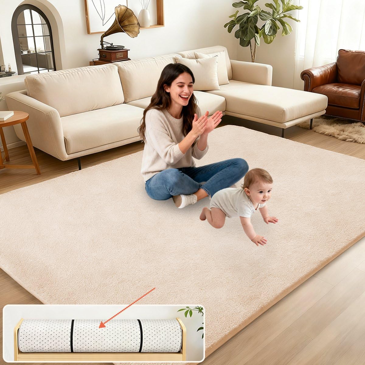 Baby Spielmatte 3 cm Dick Krabbelmatte, Dicke Weiche Polsterschaum Krabbeldecke für Babys und Kleinkinder, Anti Rutsch Matte Baby Spieldecke für Laufgitter Beige, 130 x 130 cm
