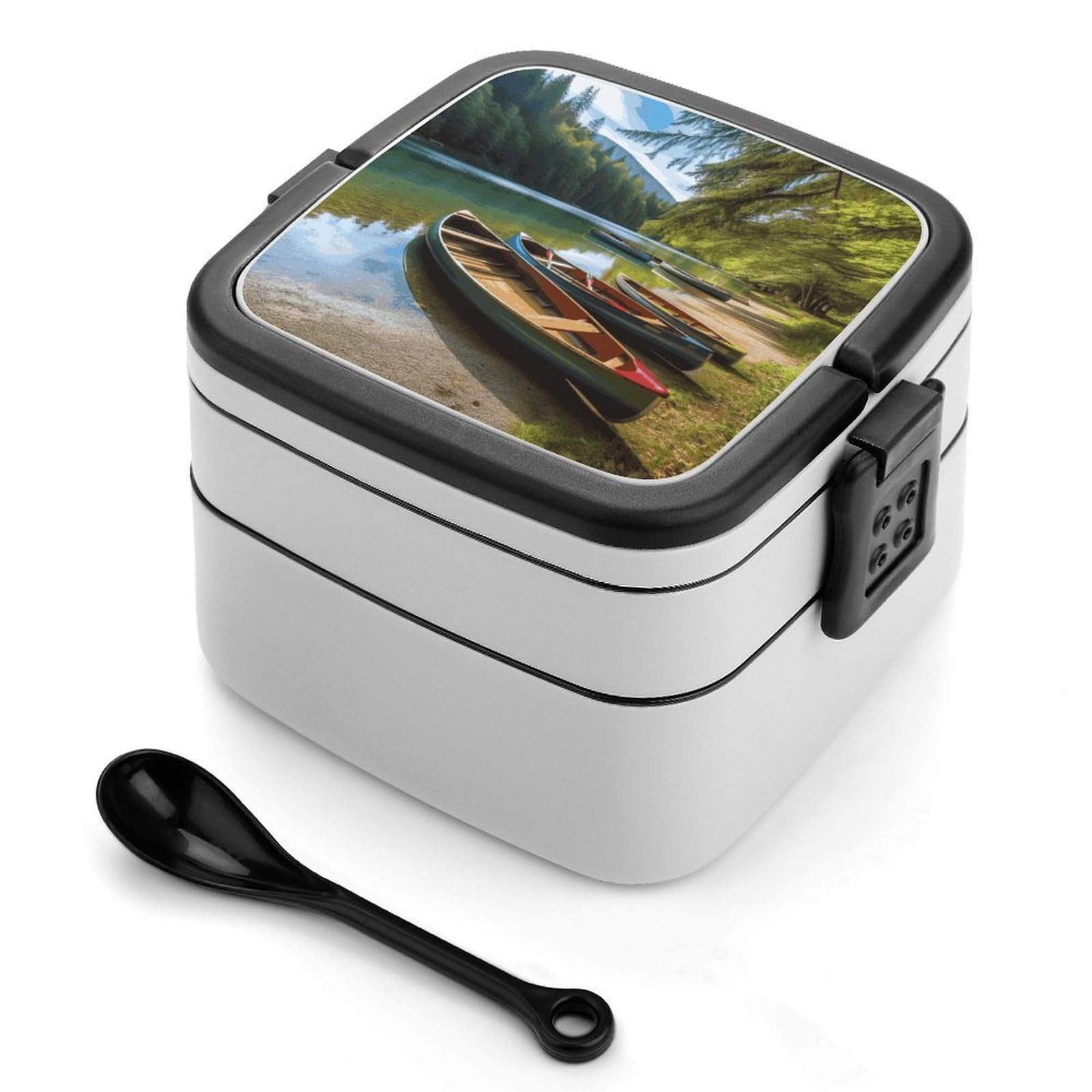 JTREHY Lake with Boats Canoes Park Lunch Box Double-Layer Portable Lunch Container Stackable Large Capacity Leakproof Bento Box for Dining Out Work Picnics Travel