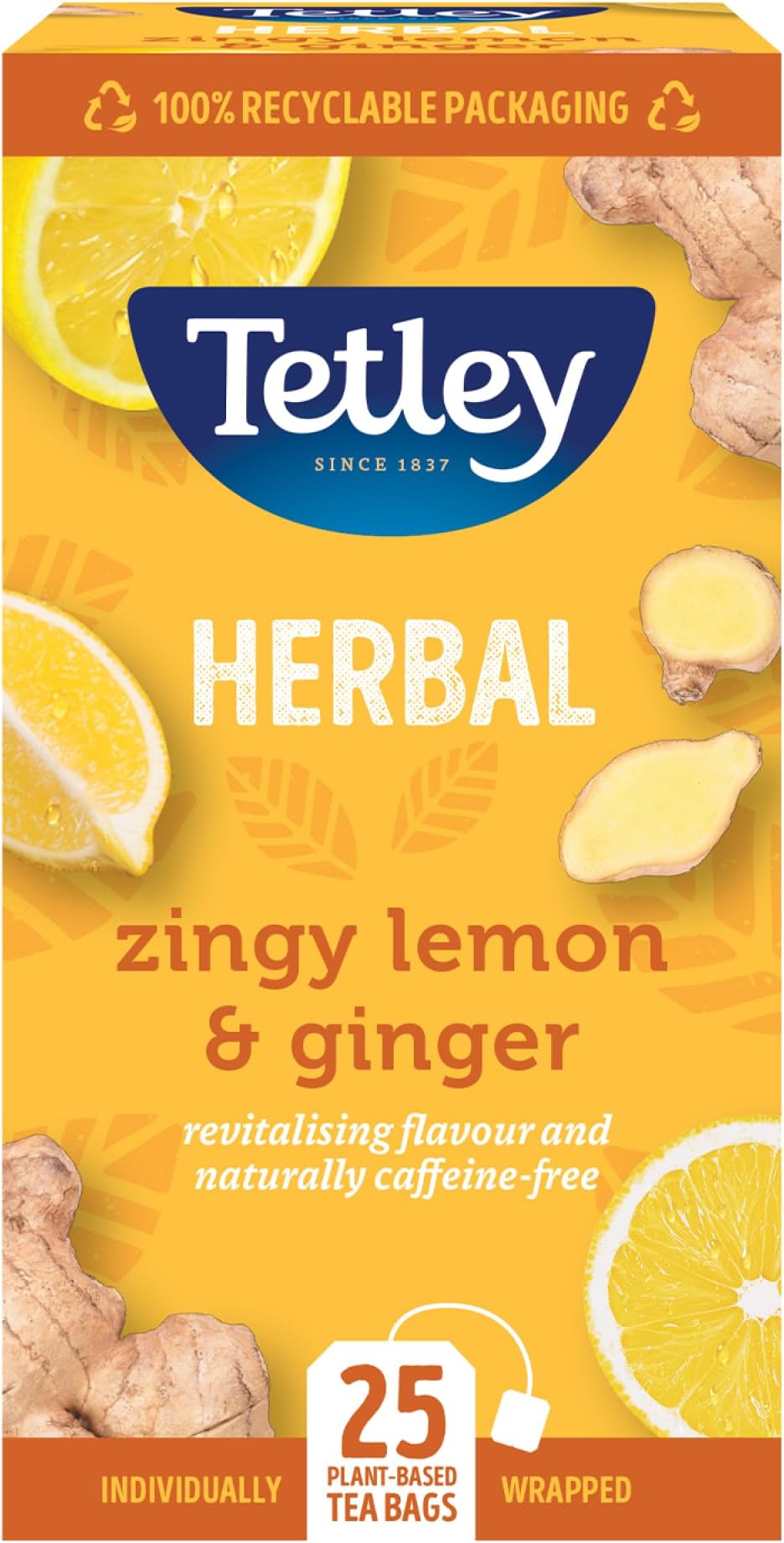Zingy Lemon & Ginger Herbal Tea Bags - Naturally Caffeine-Free - Perfectly Balanced Citrus & Spice Infusion - Ideal for Relaxation - Rainforest Alliance Certified - 25 Teabags (1 Pack)