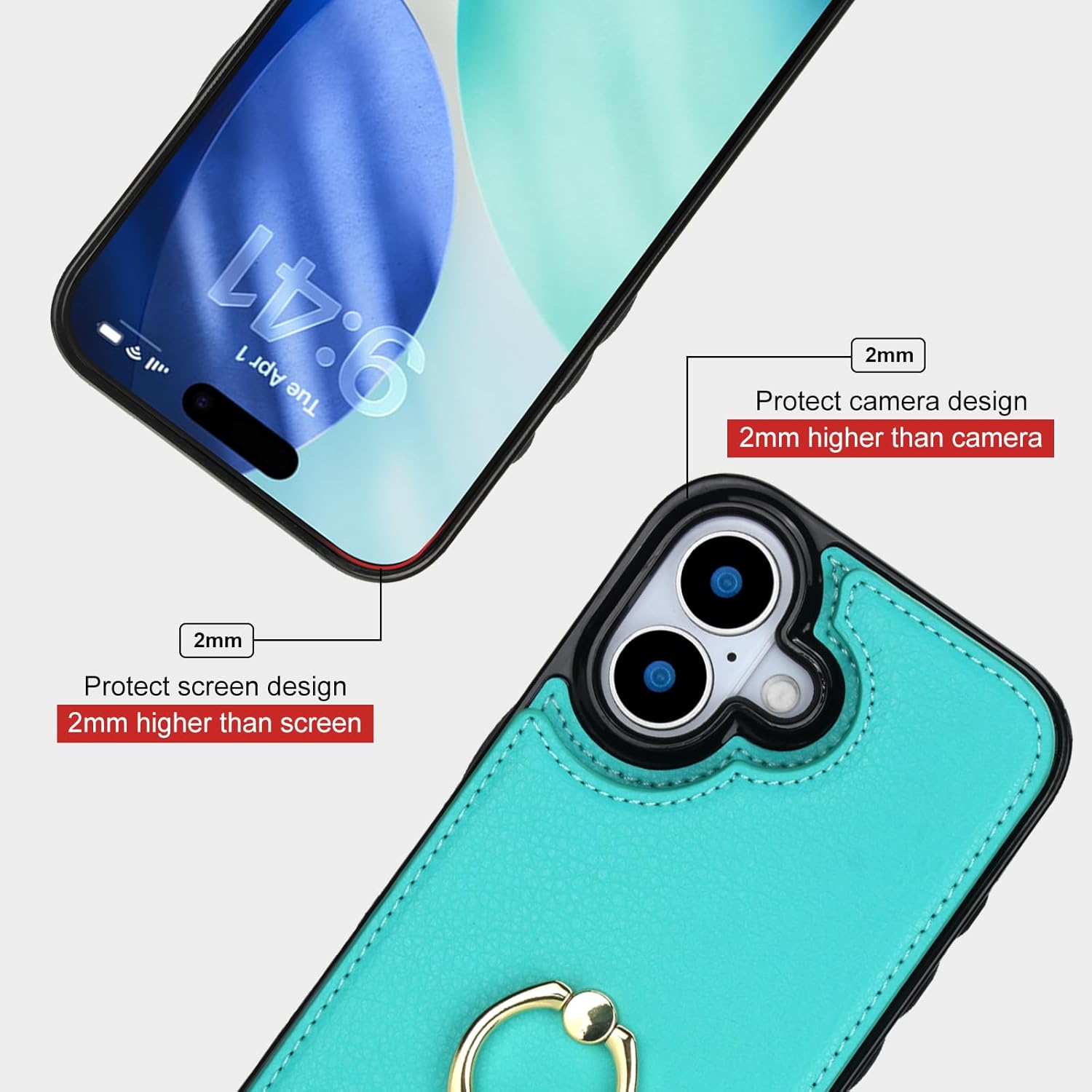 Folosu Compatible with iPhone 17 Case Wallet with Card Holder, 360°Rotation Finger Ring Holder Kickstand, RFID Blocking Leather Protective Double Buttons Shockproof Cover 6.3 Inch Mint Green