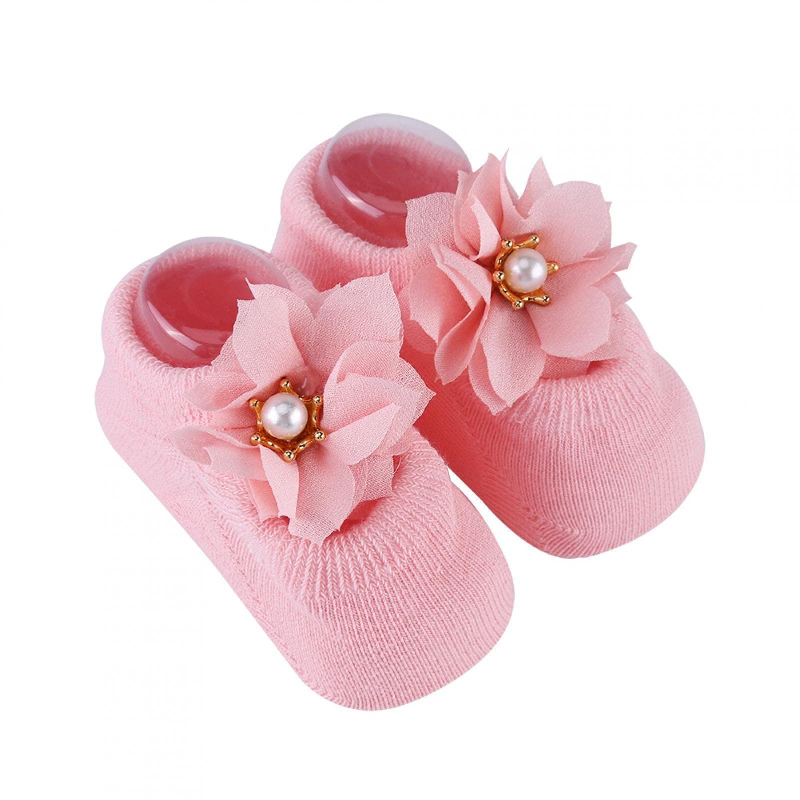 Skarpetki antypoślizgowe dla niemowląt, 3 pary/zestaw bawełniane antypoślizgowe koronkowe skarpetki podłogowe w kwiaty dla malucha niemowlę(M(1-3 years old)-Pink)