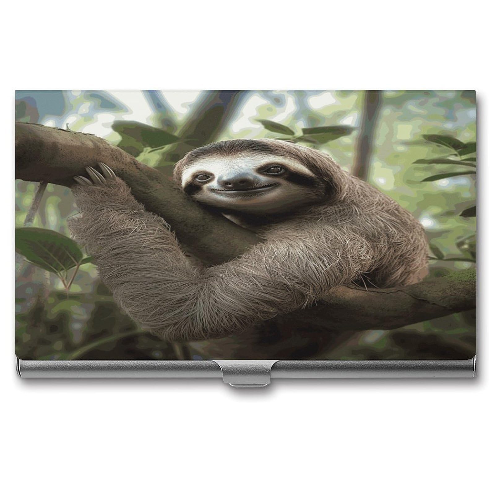 LDGSUPH Sloth Animal Business Card Holder Fashion Slim Name Card Holder Minimalist Design Case Metal Card Carrier Personalized Business Card Case with Flip for Men Women
